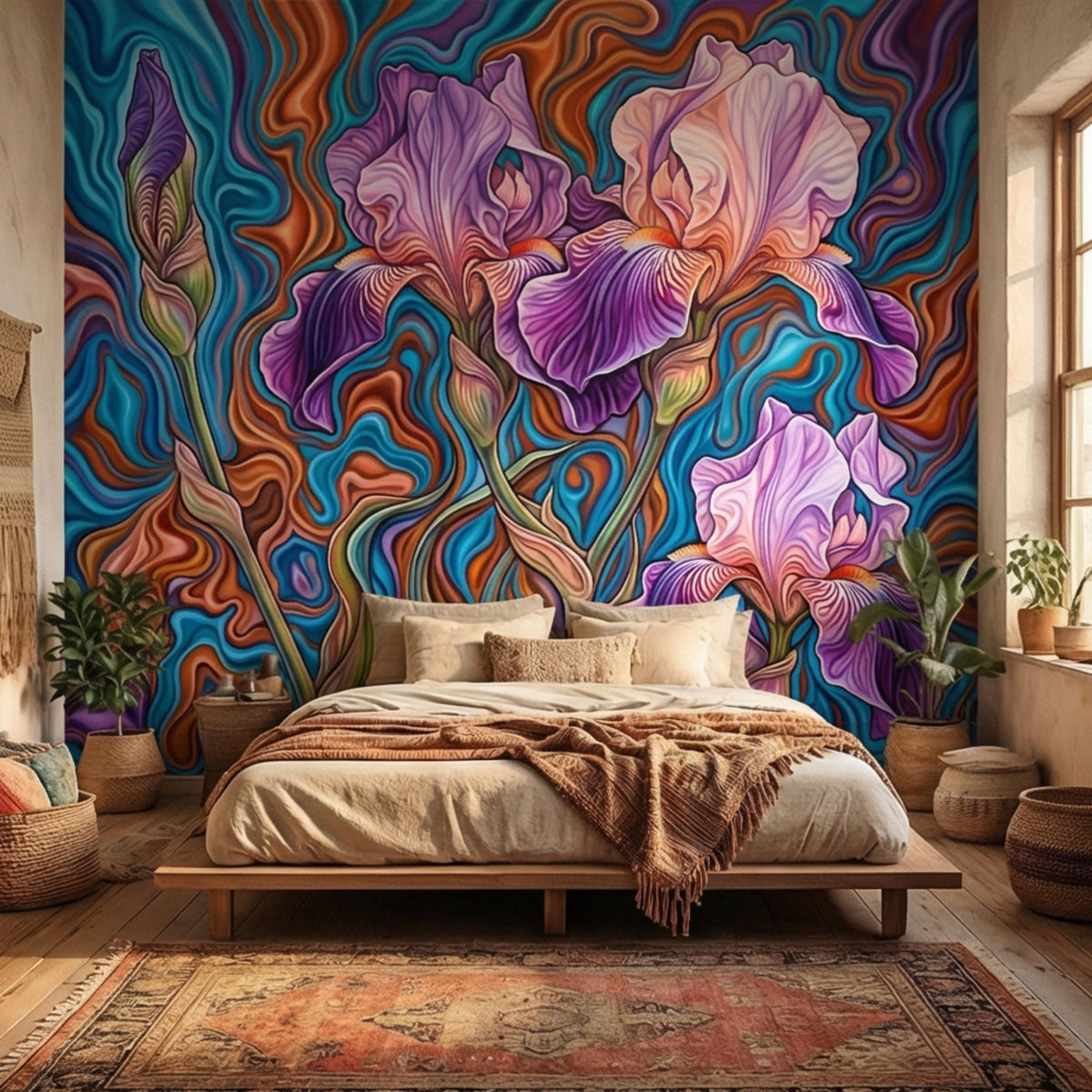 Colorful abstract floral iris wall mural with swirled teal, orange, and purple shapes.