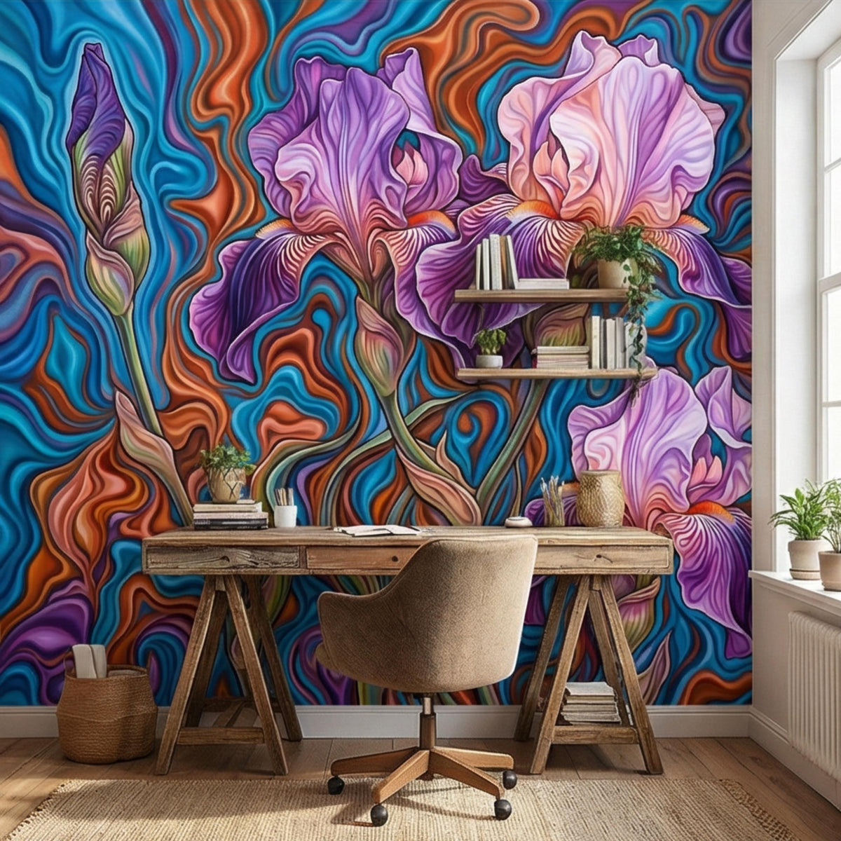 Floral iris wall mural with purple blossoms and wavy multicolor swirl backdrop.