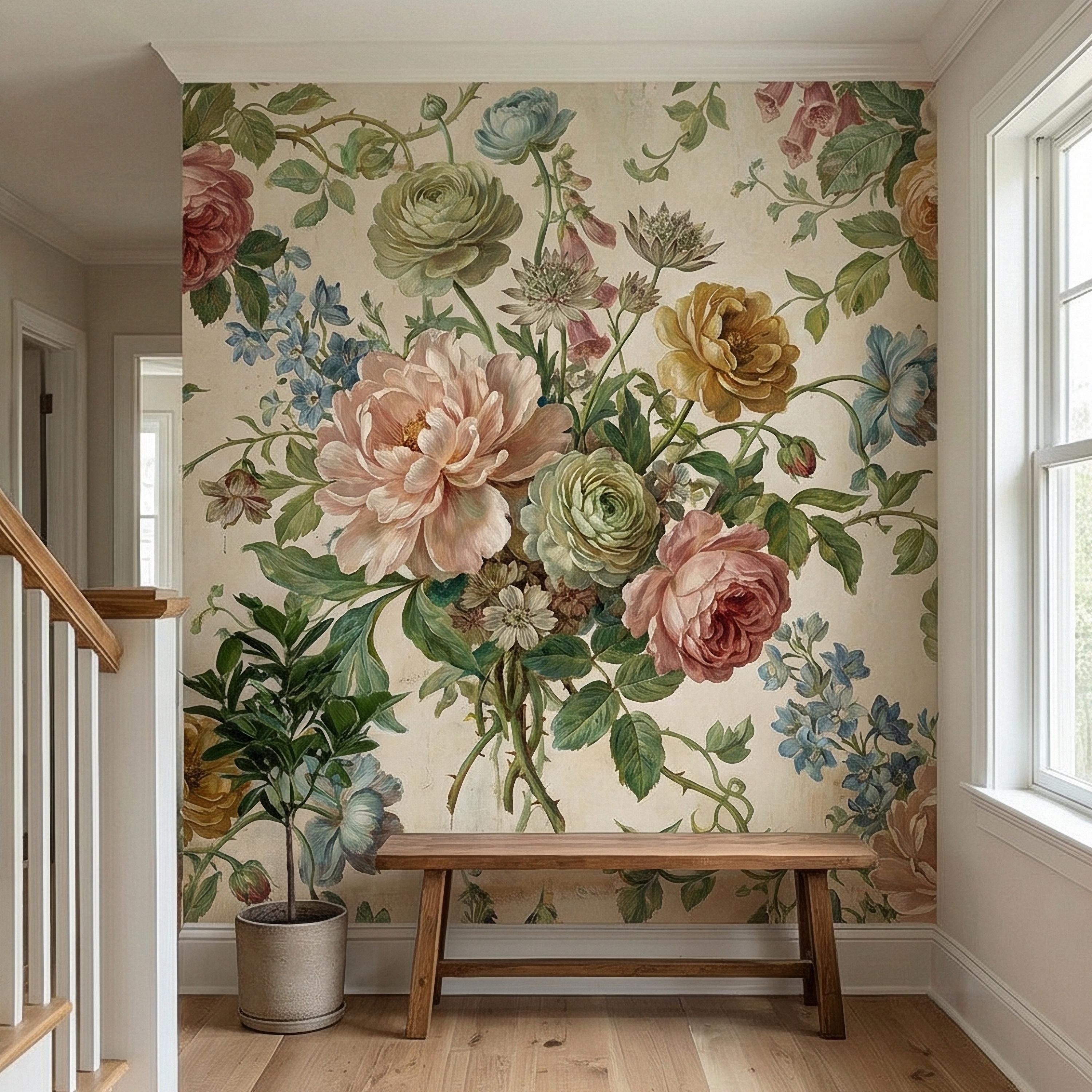 Vintage Floral Peel and Stick Wall Mural, Romantic Peony Rose Botanical, Antique Cottage Floral Wallpaper