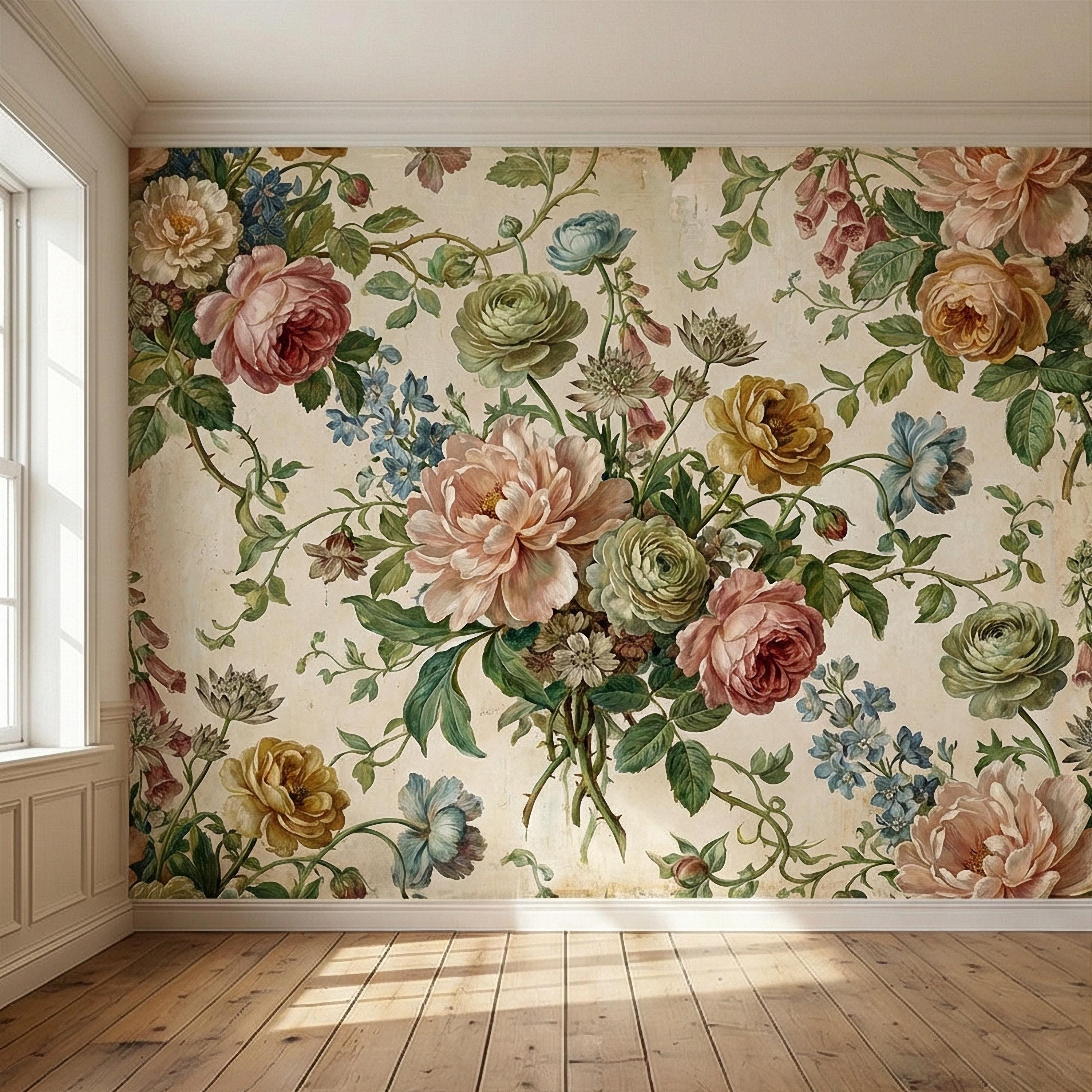 Vintage Floral Peel and Stick Wall Mural, Romantic Peony Rose Botanical, Antique Cottage Floral Wallpaper