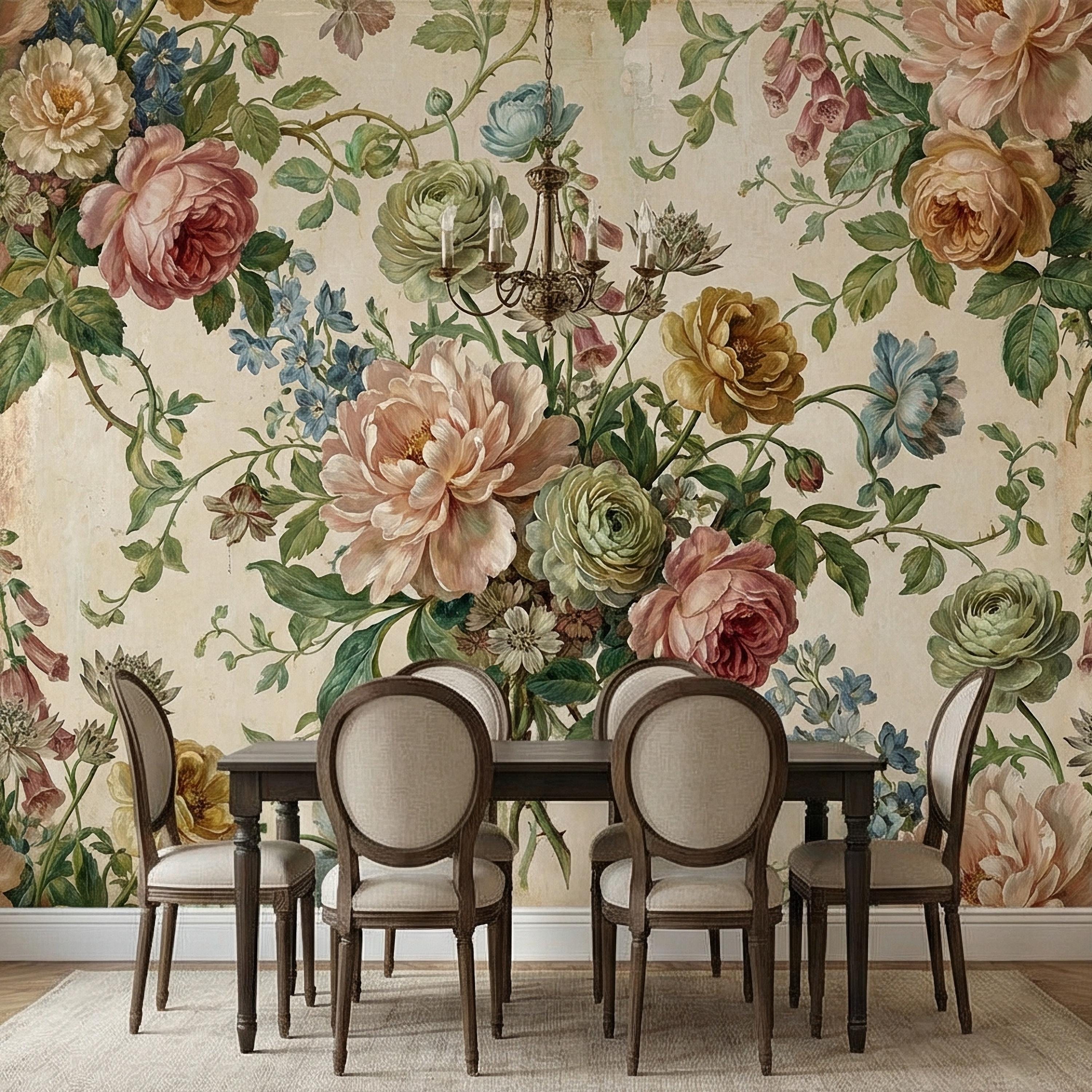 Vintage Floral Peel and Stick Wall Mural, Romantic Peony Rose Botanical, Antique Cottage Floral Wallpaper