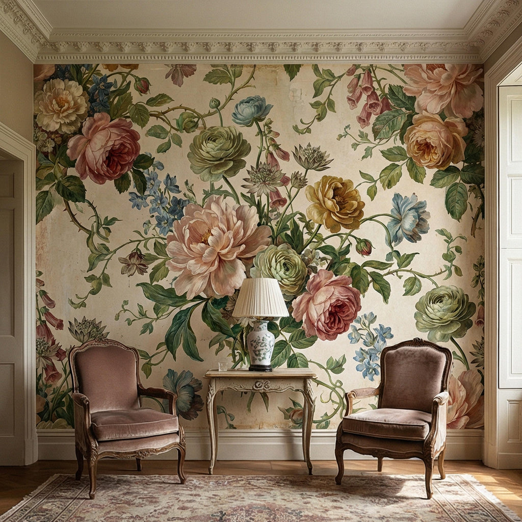 Vintage Floral Peel and Stick Wall Mural, Romantic Peony Rose Botanical, Antique Cottage Floral Wallpaper