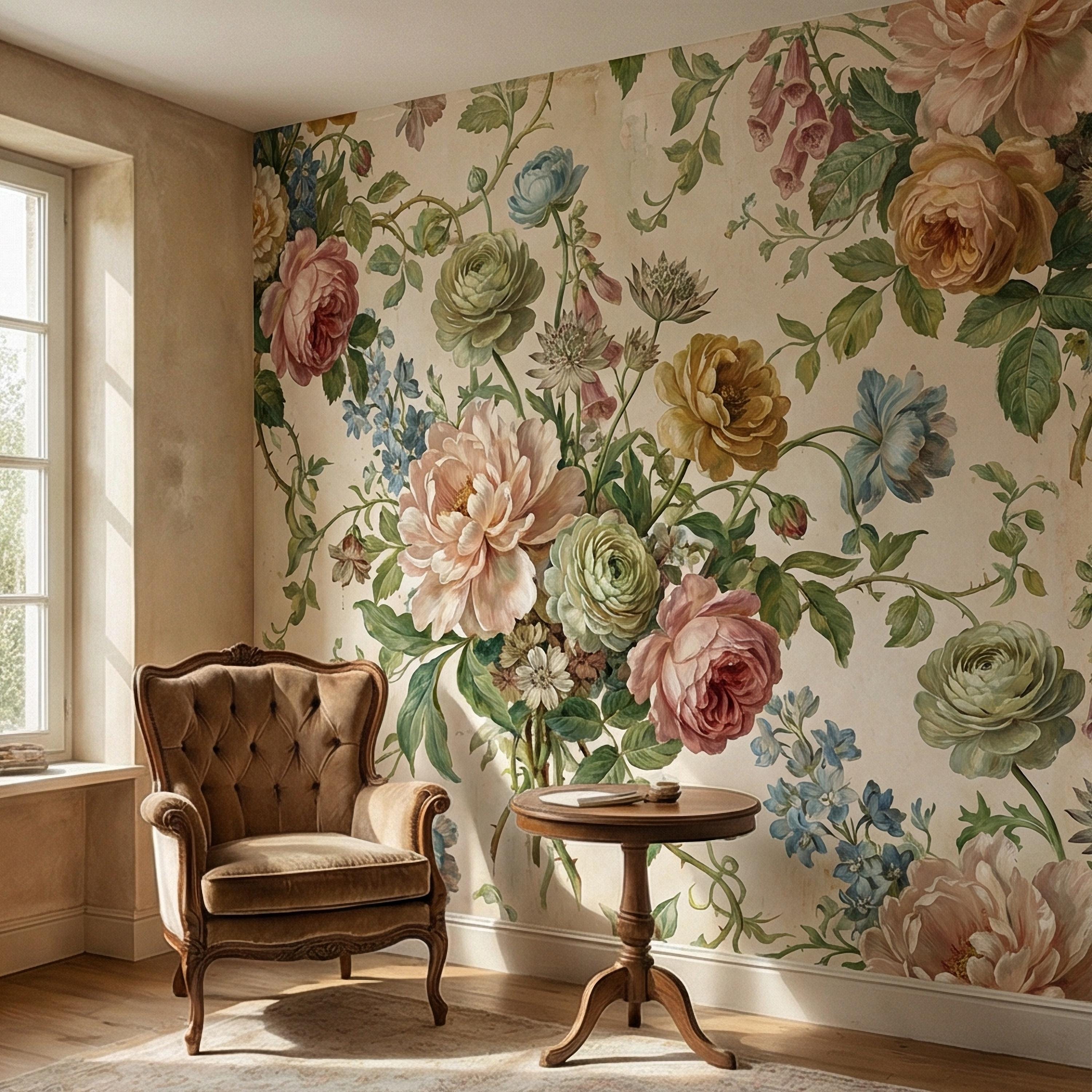 Vintage Floral Peel and Stick Wall Mural, Romantic Peony Rose Botanical, Antique Cottage Floral Wallpaper