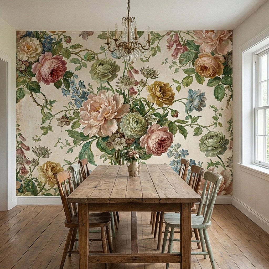 Vintage Floral Peel and Stick Wall Mural, Romantic Peony Rose Botanical, Antique Cottage Floral Wallpaper