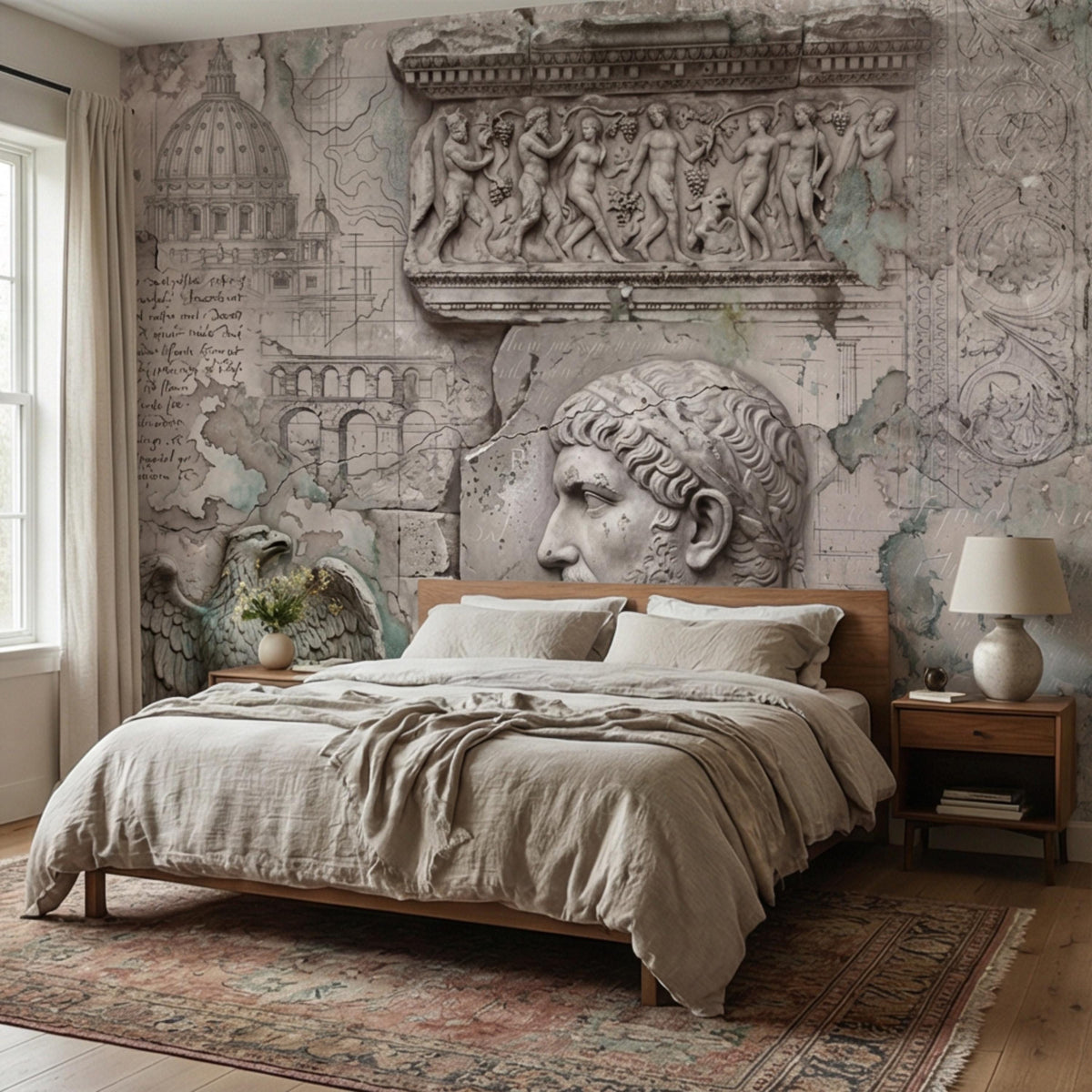 Roman bust wall mural with sculpted frieze panel and architectural drawings