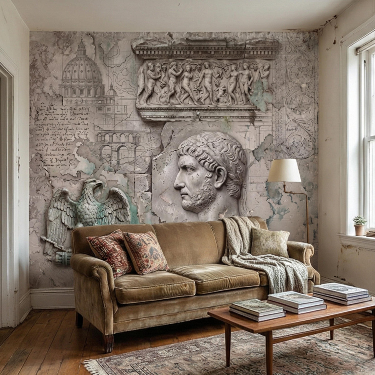 Neoclassical classical bust wall mural with stone relief figures and map lines