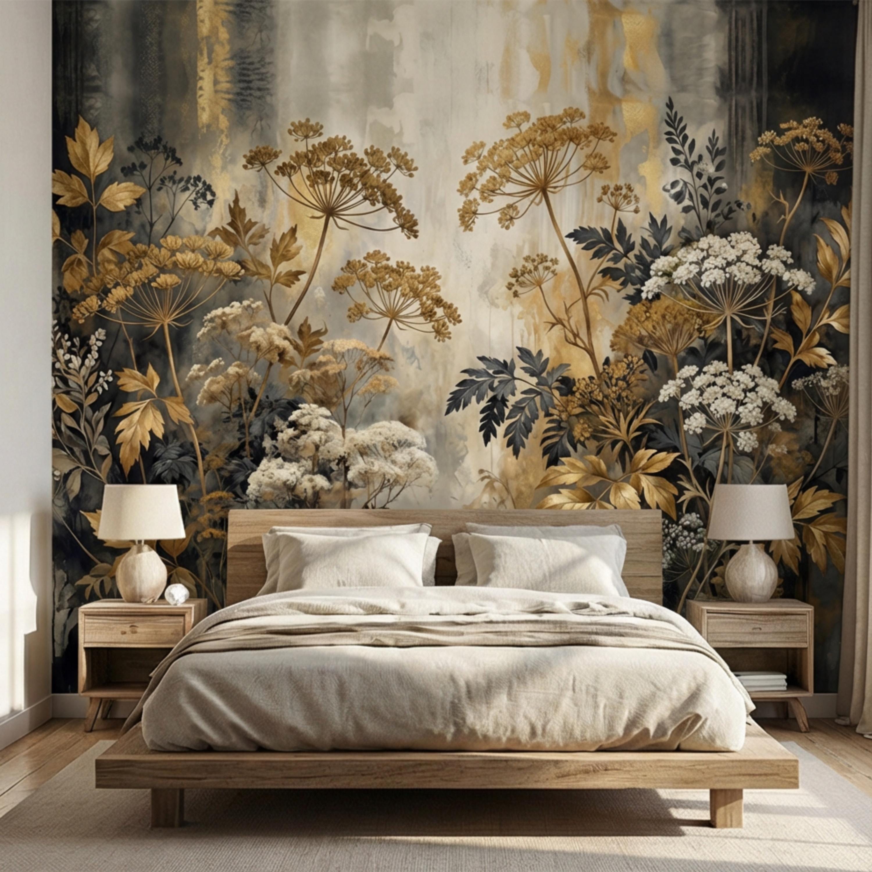 Moody Neutral Luxury Dark Floral Peel and Stick Wall Mural, Antique Botanical Wallpaper, Elegant Textured Garden Wall Decor