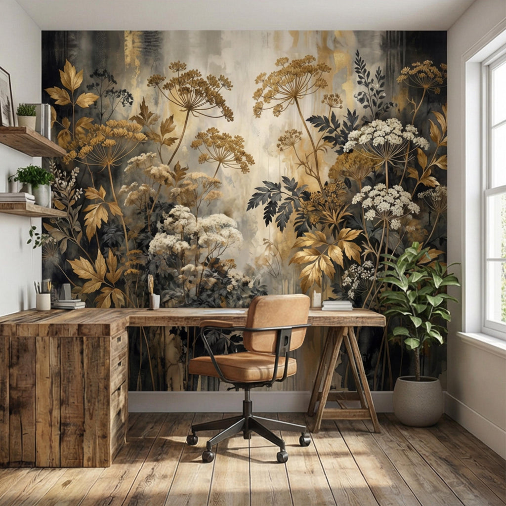 Moody Neutral Luxury Dark Floral Peel and Stick Wall Mural, Antique Botanical Wallpaper, Elegant Textured Garden Wall Decor