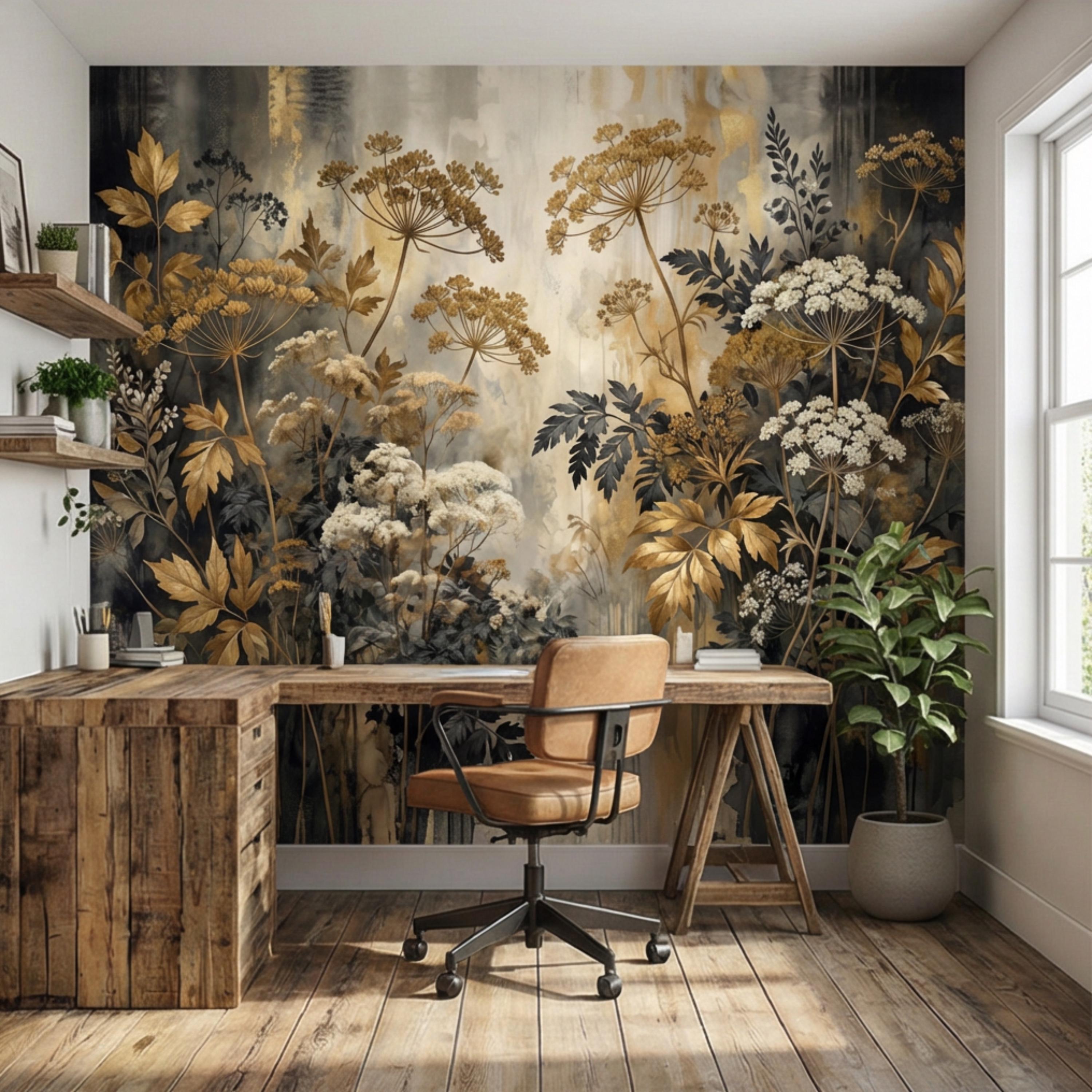 Moody Neutral Luxury Dark Floral Peel and Stick Wall Mural, Antique Botanical Wallpaper, Elegant Textured Garden Wall Decor