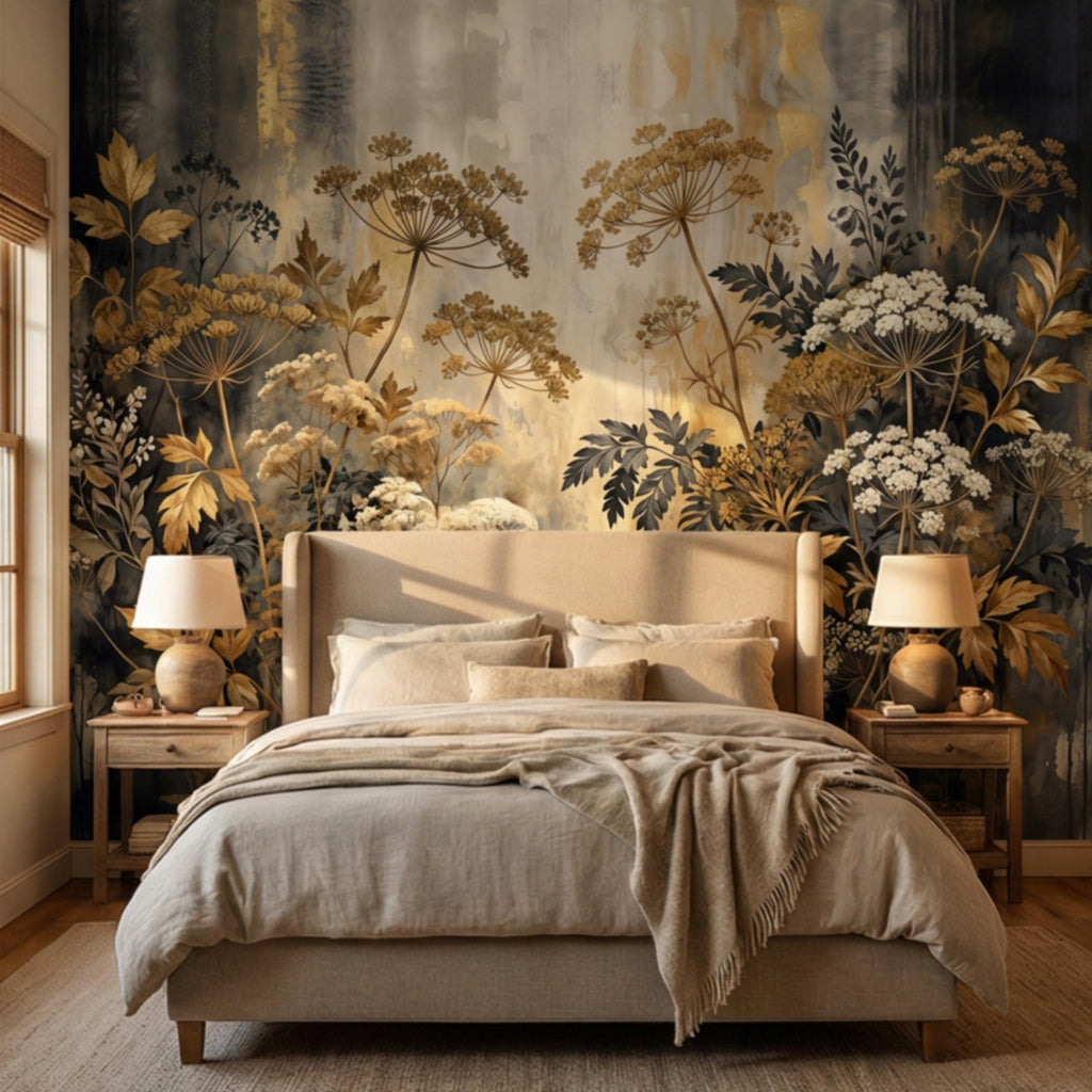 Moody Neutral Luxury Dark Floral Peel and Stick Wall Mural, Antique Botanical Wallpaper, Elegant Textured Garden Wall Decor