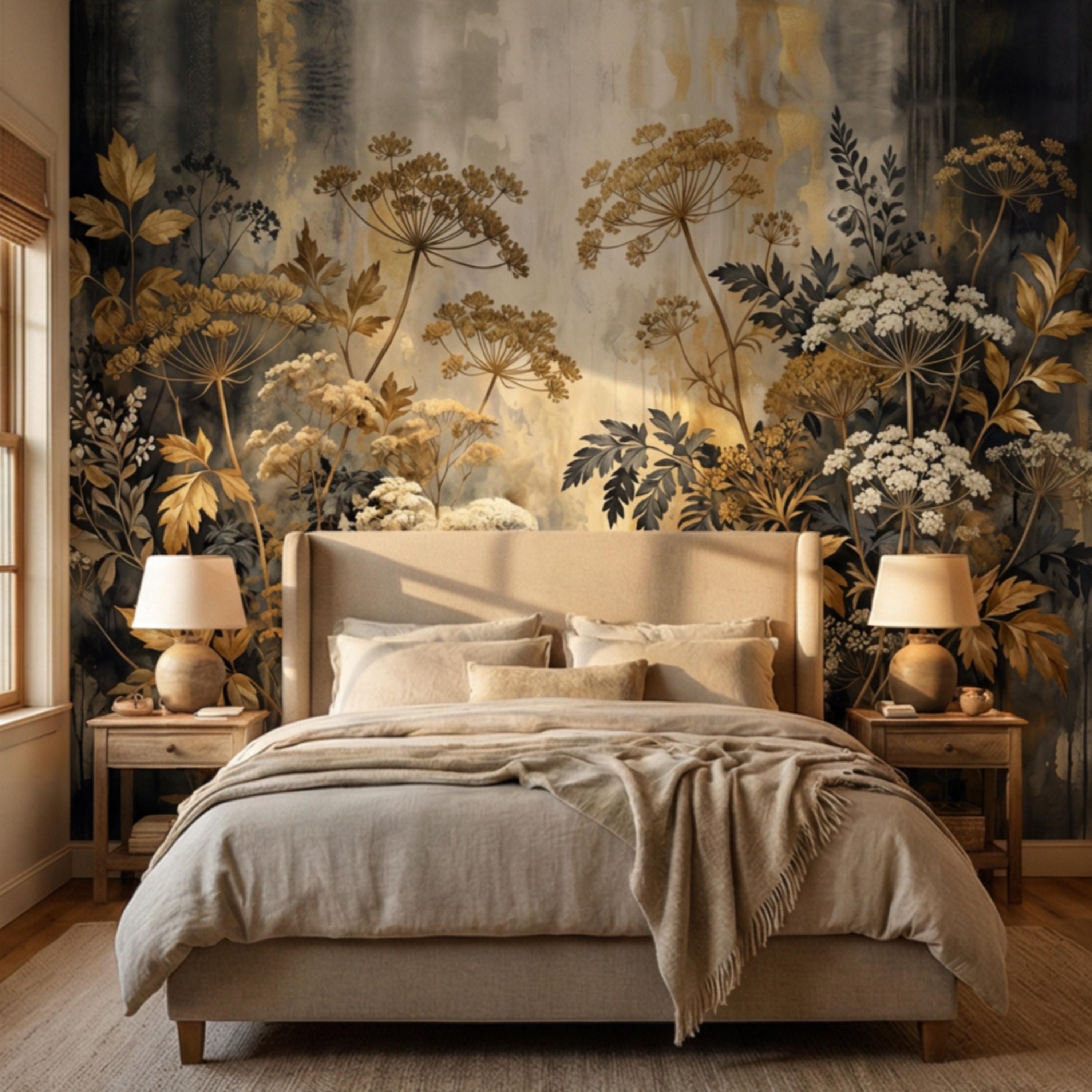 Moody Neutral Luxury Dark Floral Peel and Stick Wall Mural, Antique Botanical Wallpaper, Elegant Textured Garden Wall Decor