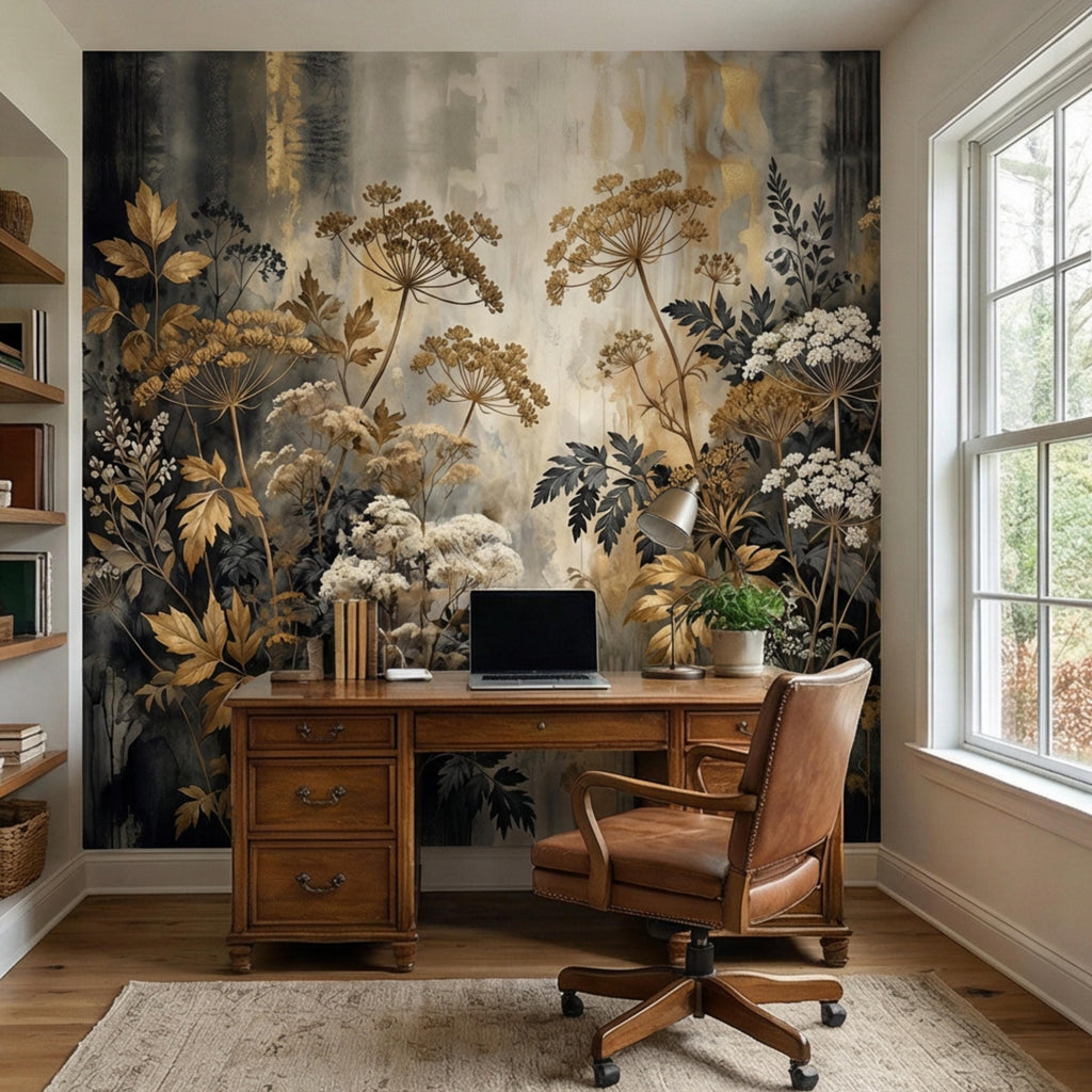 Moody Neutral Luxury Dark Floral Peel and Stick Wall Mural, Antique Botanical Wallpaper, Elegant Textured Garden Wall Decor