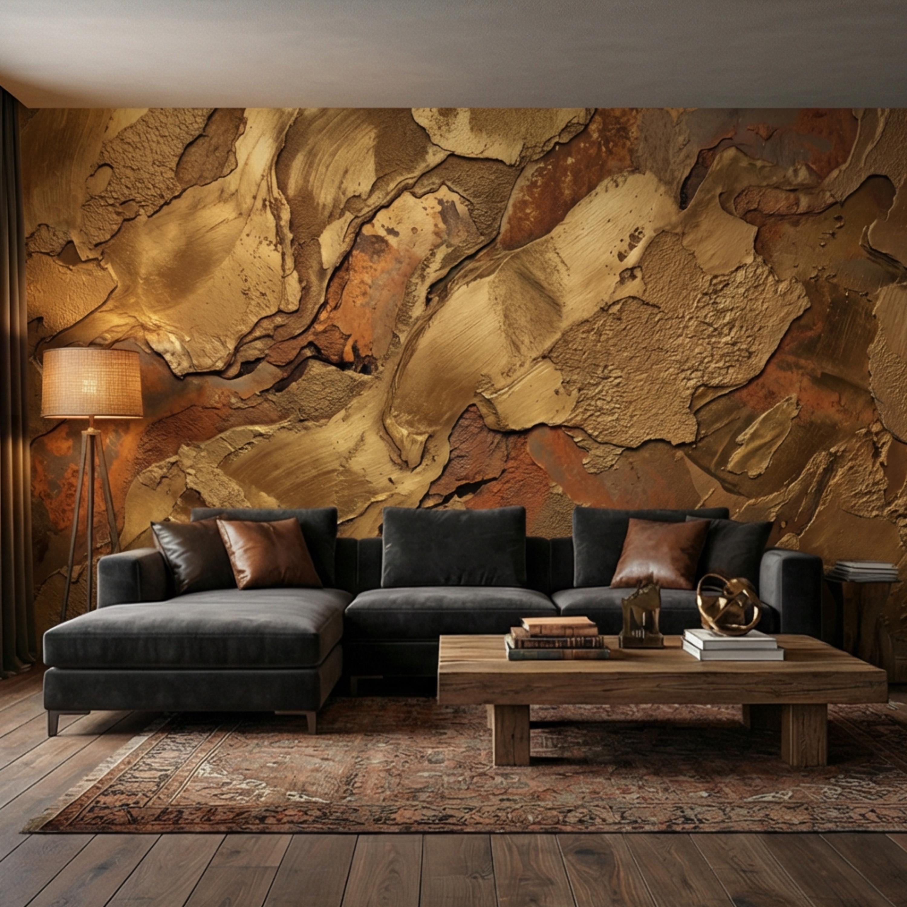Gold Textured Peel and Stick Wall Mural, Industrial Plaster Wallpaper, Rust Patina Abstract Wall Decor