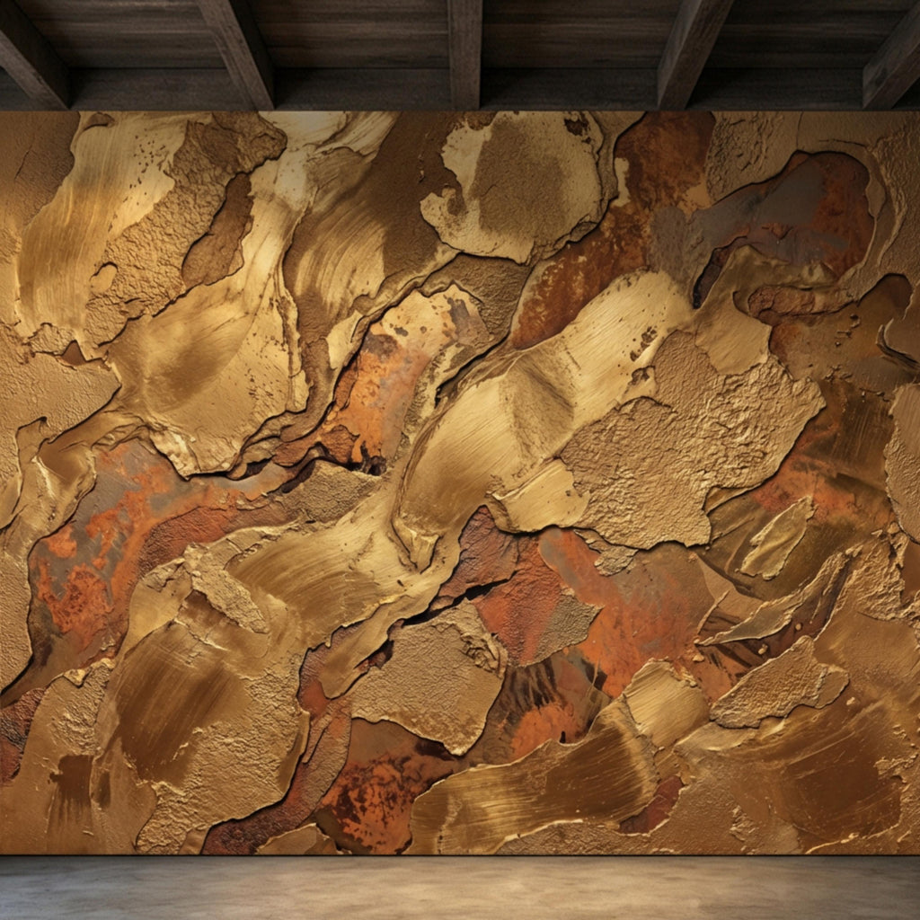Gold Textured Peel and Stick Wall Mural, Industrial Plaster Wallpaper, Rust Patina Abstract Wall Decor