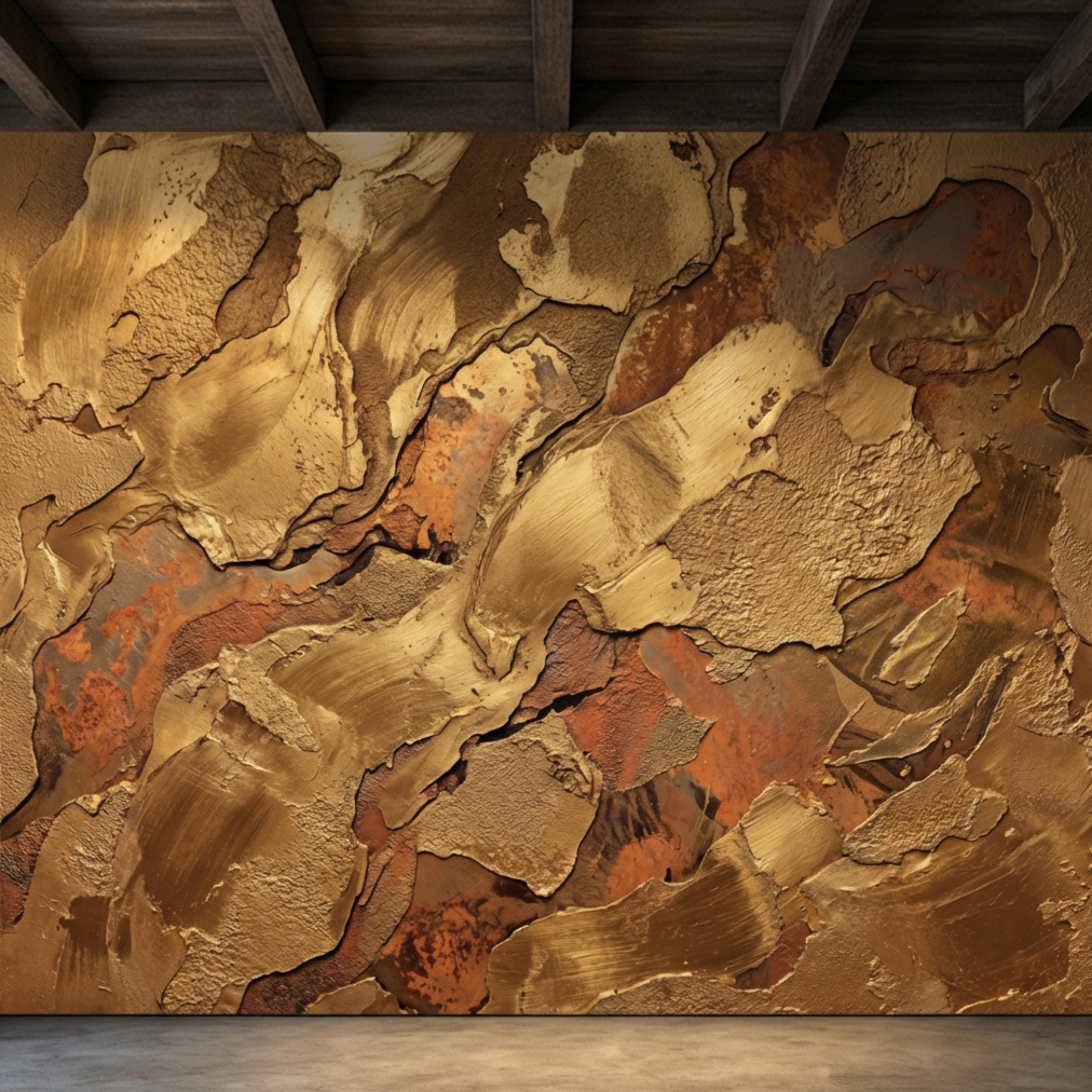 Gold Textured Peel and Stick Wall Mural, Industrial Plaster Wallpaper, Rust Patina Abstract Wall Decor