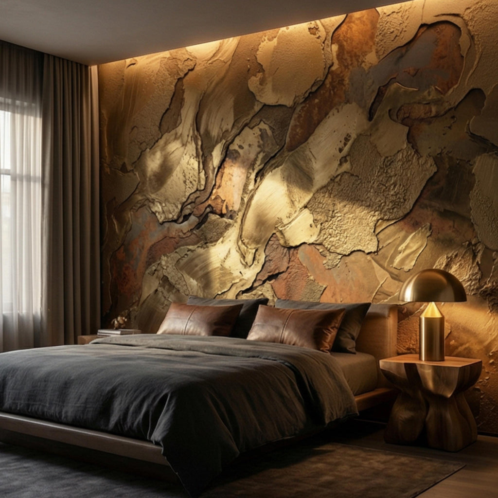 Gold Textured Peel and Stick Wall Mural, Industrial Plaster Wallpaper, Rust Patina Abstract Wall Decor