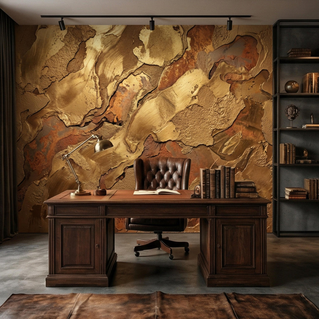 Gold Textured Peel and Stick Wall Mural, Industrial Plaster Wallpaper, Rust Patina Abstract Wall Decor
