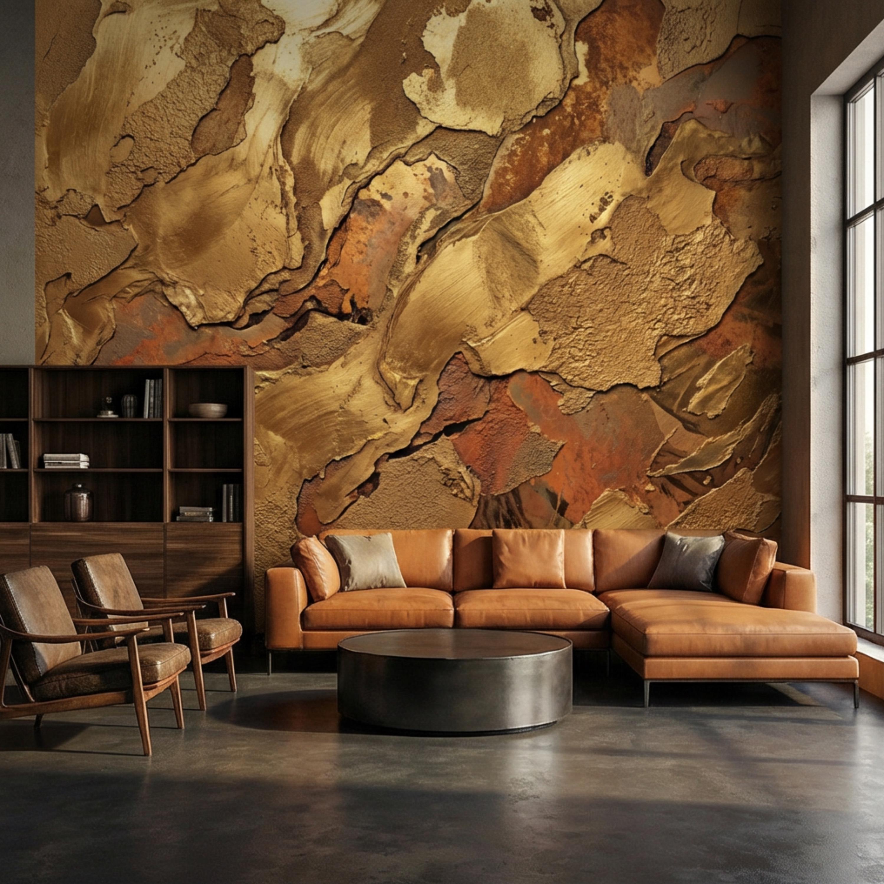 Gold Textured Peel and Stick Wall Mural, Industrial Plaster Wallpaper, Rust Patina Abstract Wall Decor