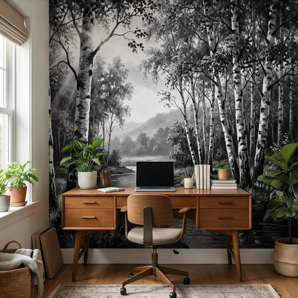 Black and White Birch Forest Peel and Stick Wall Mural, Misty River Landscape Wallpaper, Monochrome Nature Wall Decor