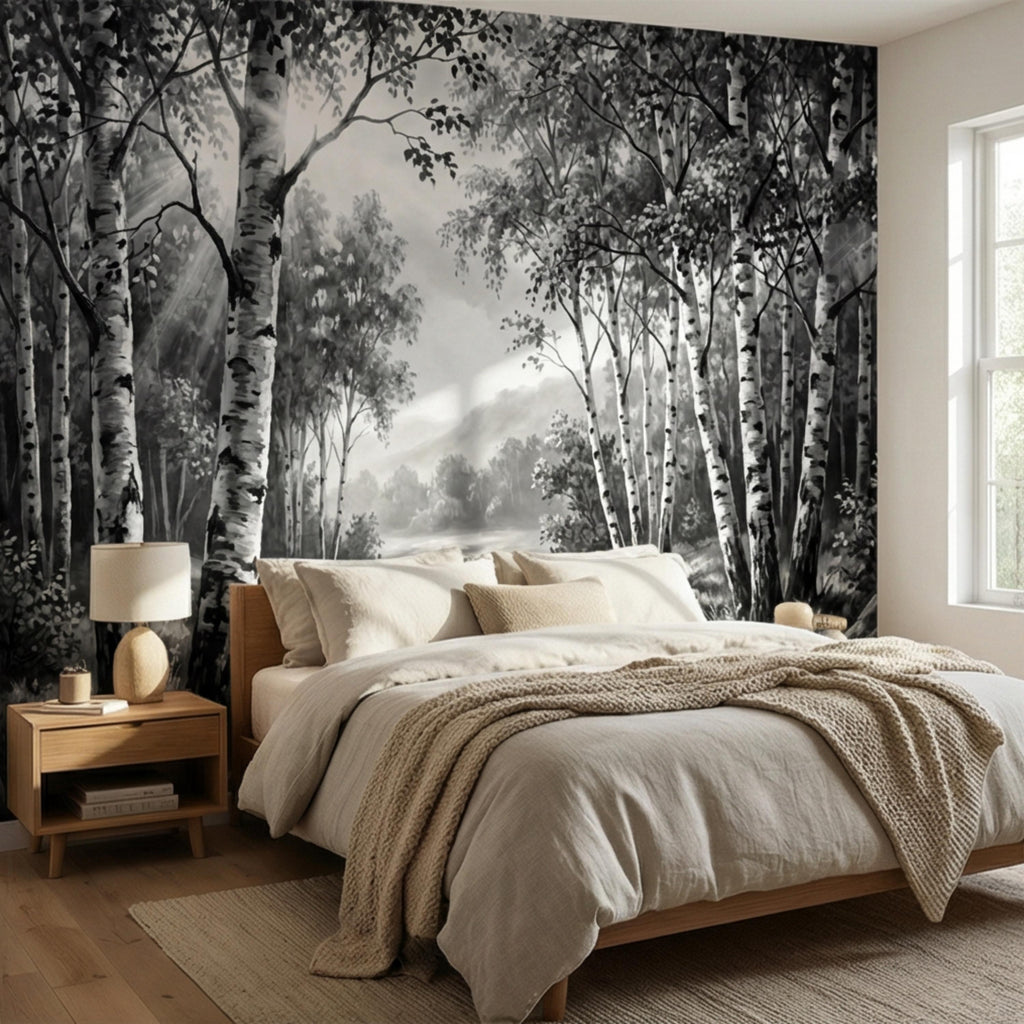 Black and White Birch Forest Peel and Stick Wall Mural, Misty River Landscape Wallpaper, Monochrome Nature Wall Decor
