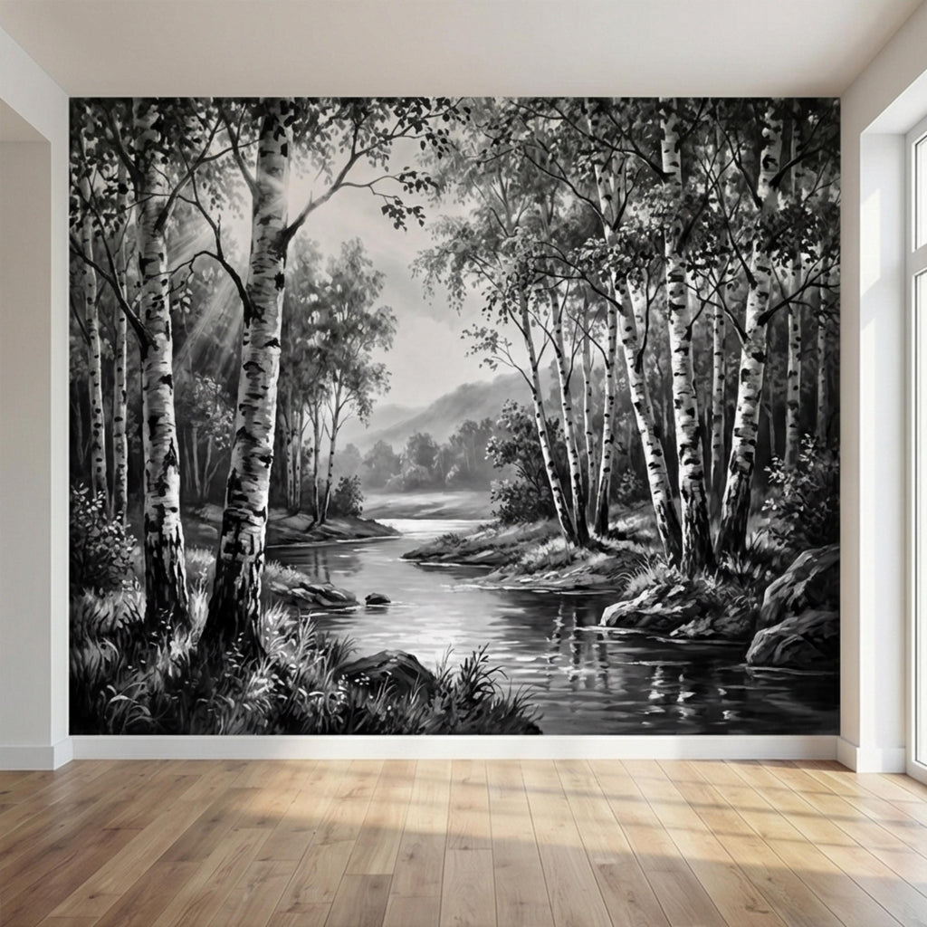 Black and White Birch Forest Peel and Stick Wall Mural, Misty River Landscape Wallpaper, Monochrome Nature Wall Decor