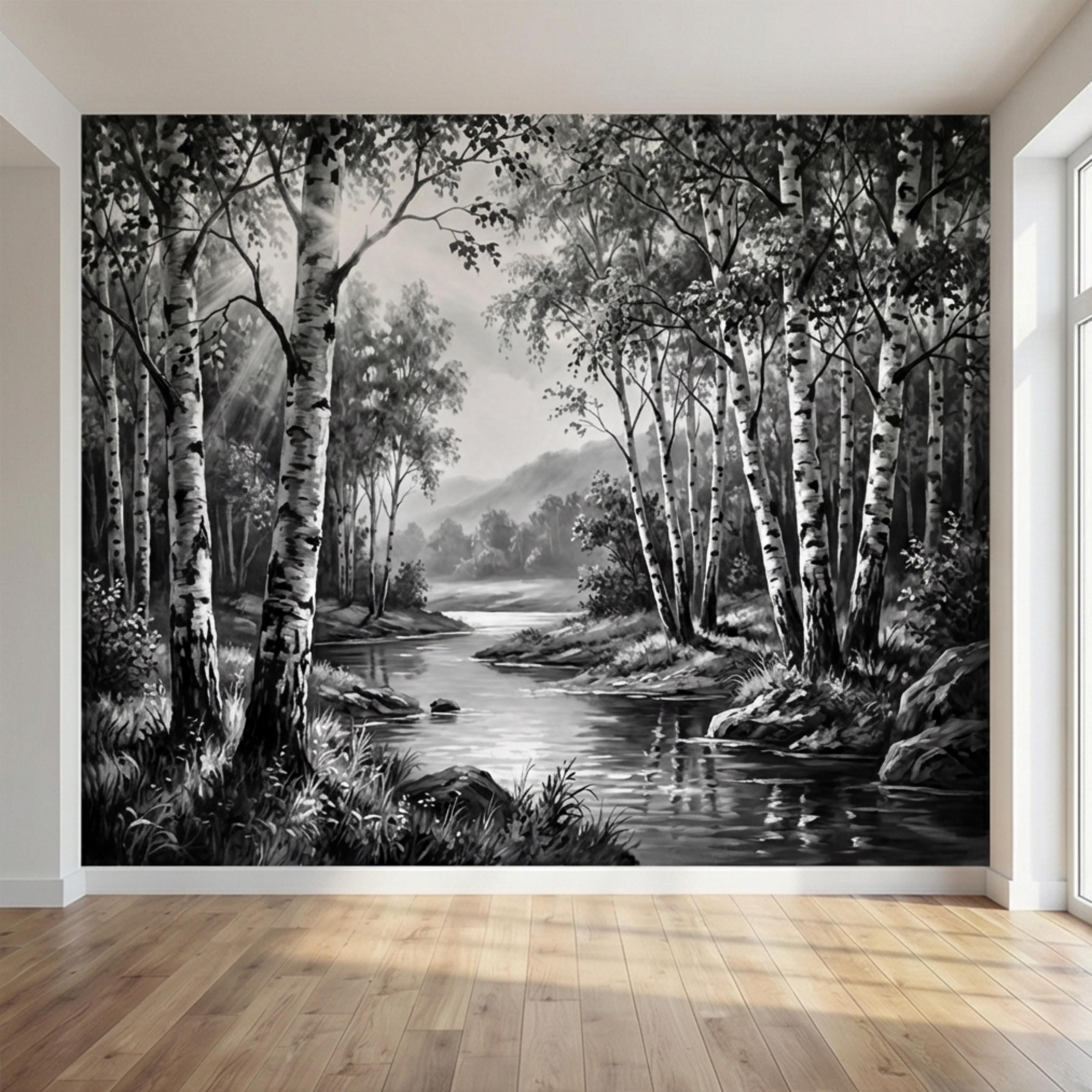 Black and White Birch Forest Peel and Stick Wall Mural, Misty River Landscape Wallpaper, Monochrome Nature Wall Decor