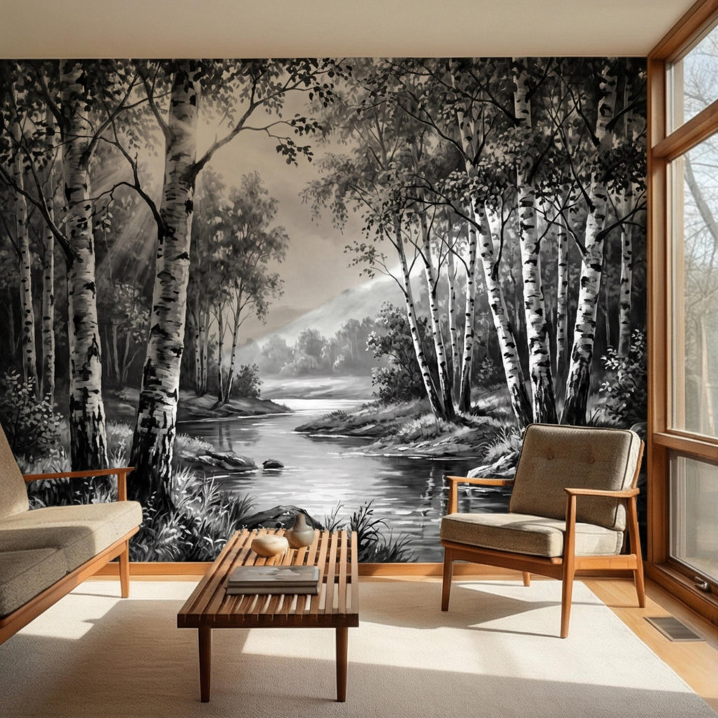 Black and White Birch Forest Peel and Stick Wall Mural, Misty River Landscape Wallpaper, Monochrome Nature Wall Decor