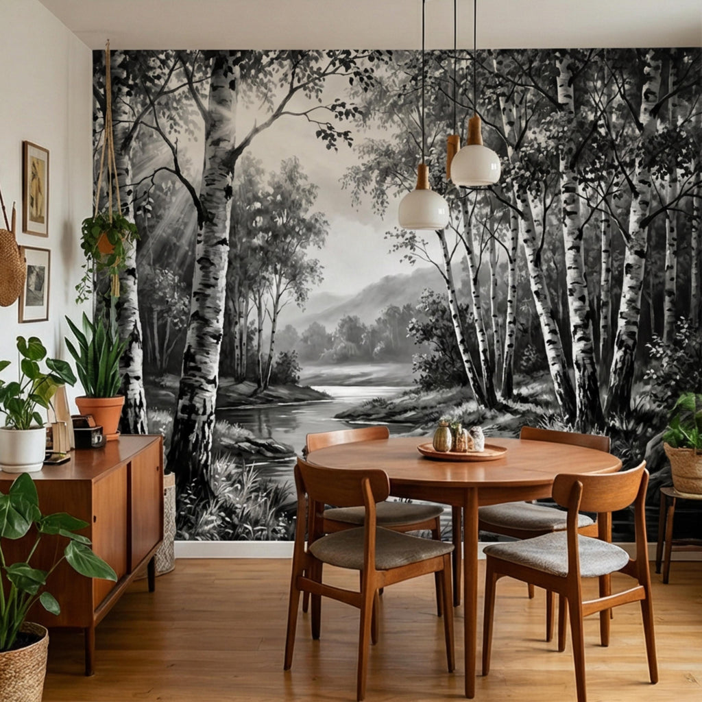 Black and White Birch Forest Peel and Stick Wall Mural, Misty River Landscape Wallpaper, Monochrome Nature Wall Decor