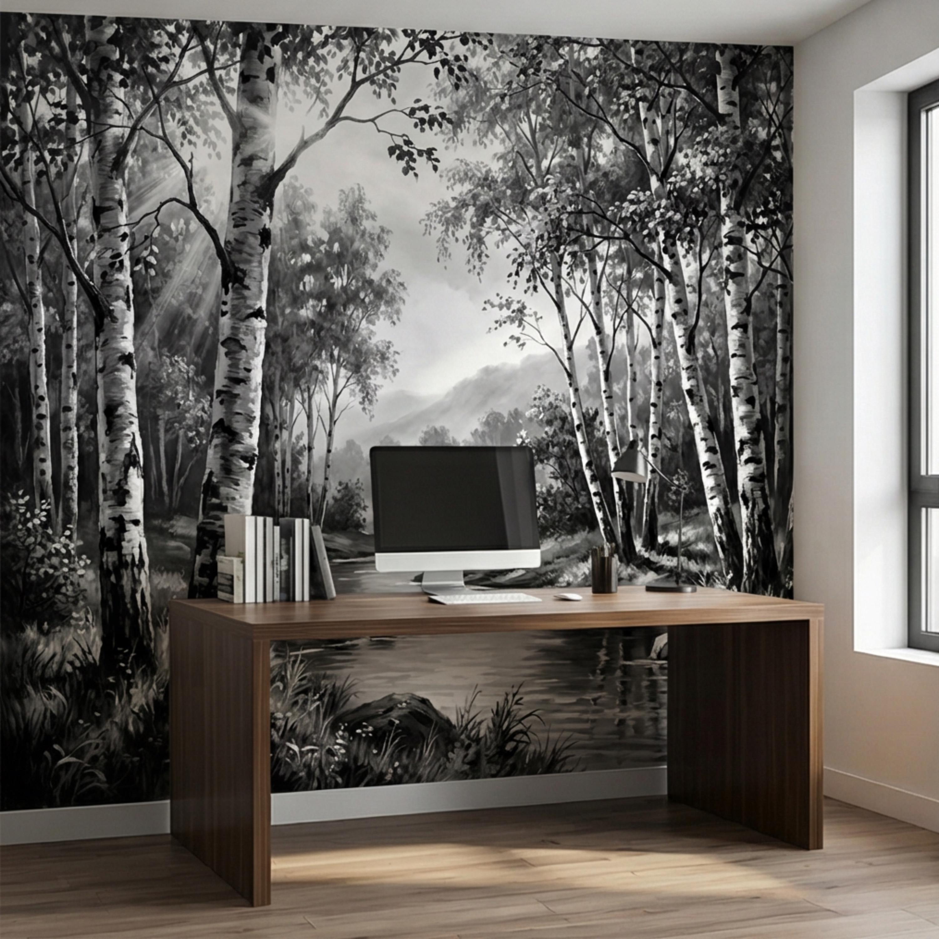 Black and White Birch Forest Peel and Stick Wall Mural, Misty River Landscape Wallpaper, Monochrome Nature Wall Decor