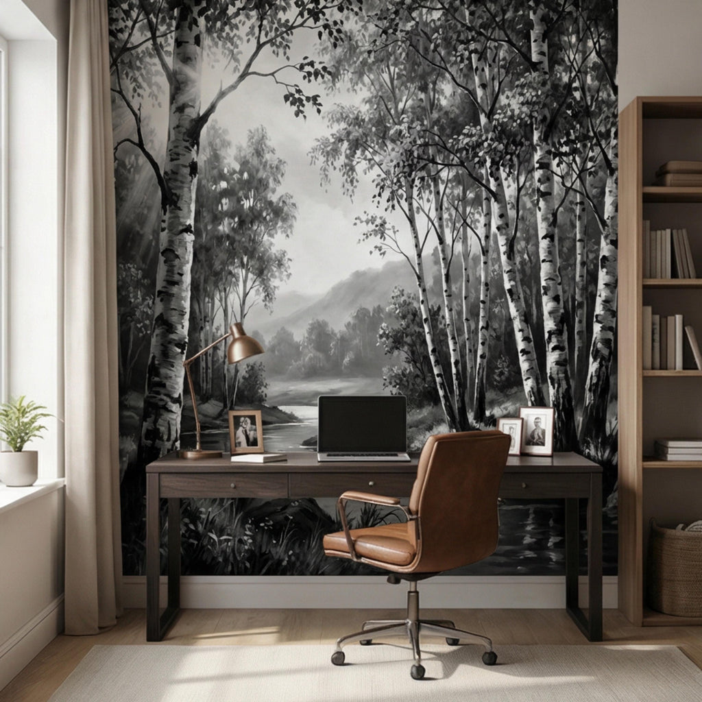 Black and White Birch Forest Peel and Stick Wall Mural, Misty River Landscape Wallpaper, Monochrome Nature Wall Decor