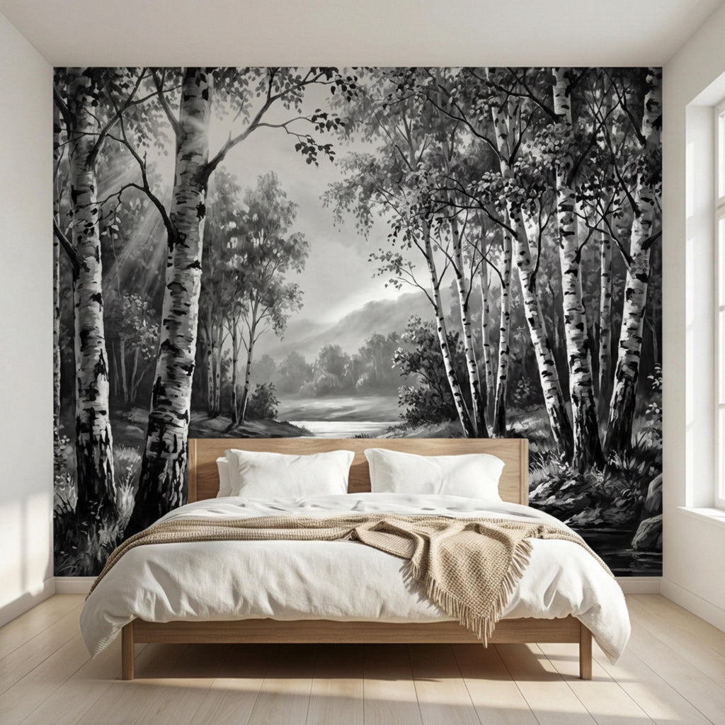 Black and White Birch Forest Peel and Stick Wall Mural, Misty River Landscape Wallpaper, Monochrome Nature Wall Decor