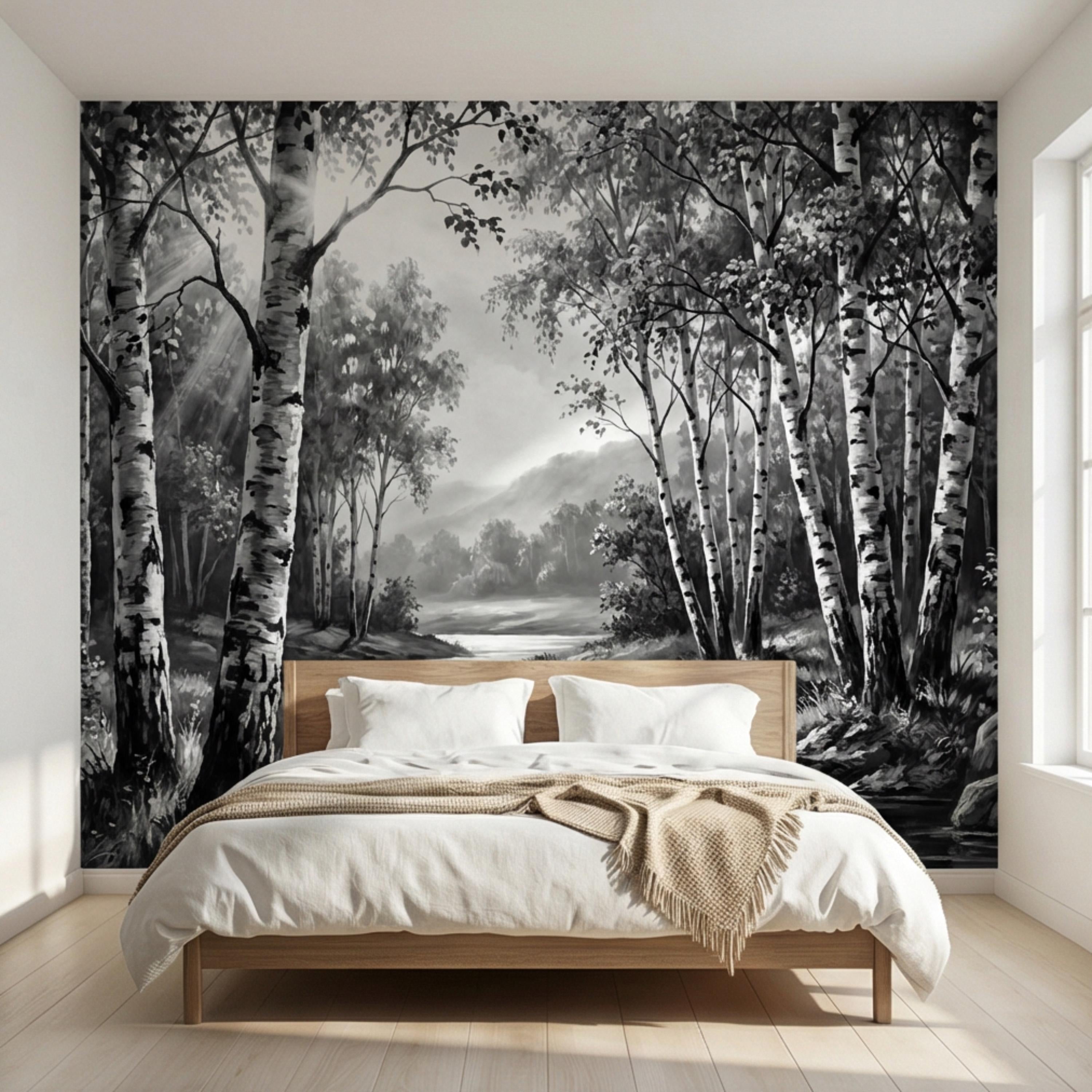 Black and White Birch Forest Peel and Stick Wall Mural, Misty River Landscape Wallpaper, Monochrome Nature Wall Decor