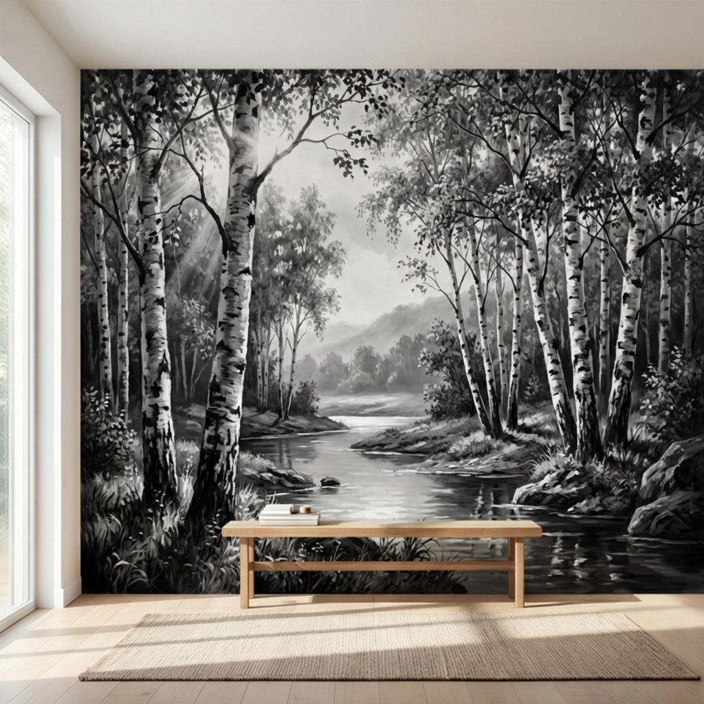 Black and White Birch Forest Peel and Stick Wall Mural, Misty River Landscape Wallpaper, Monochrome Nature Wall Decor
