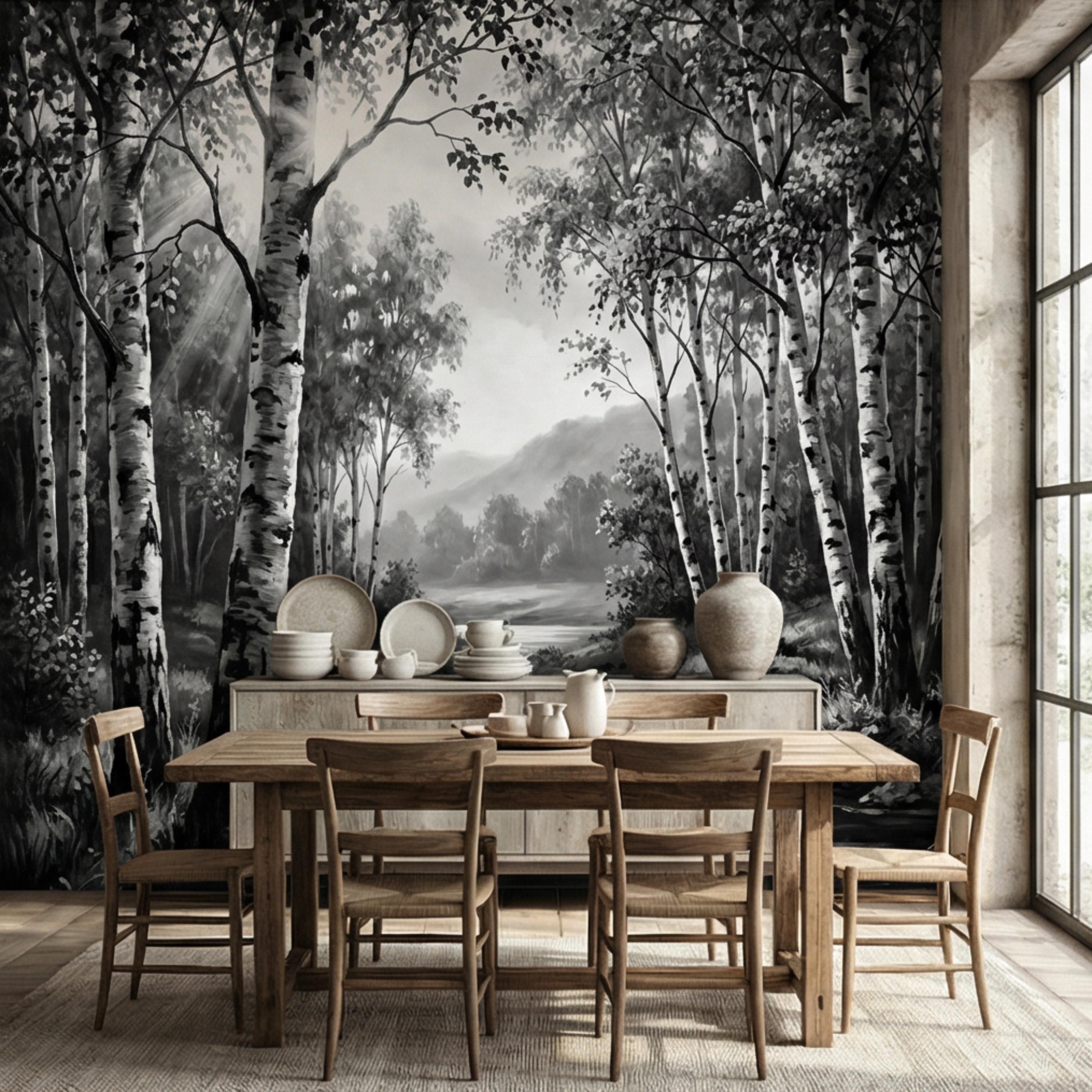 Black and White Birch Forest Peel and Stick Wall Mural, Misty River Landscape Wallpaper, Monochrome Nature Wall Decor