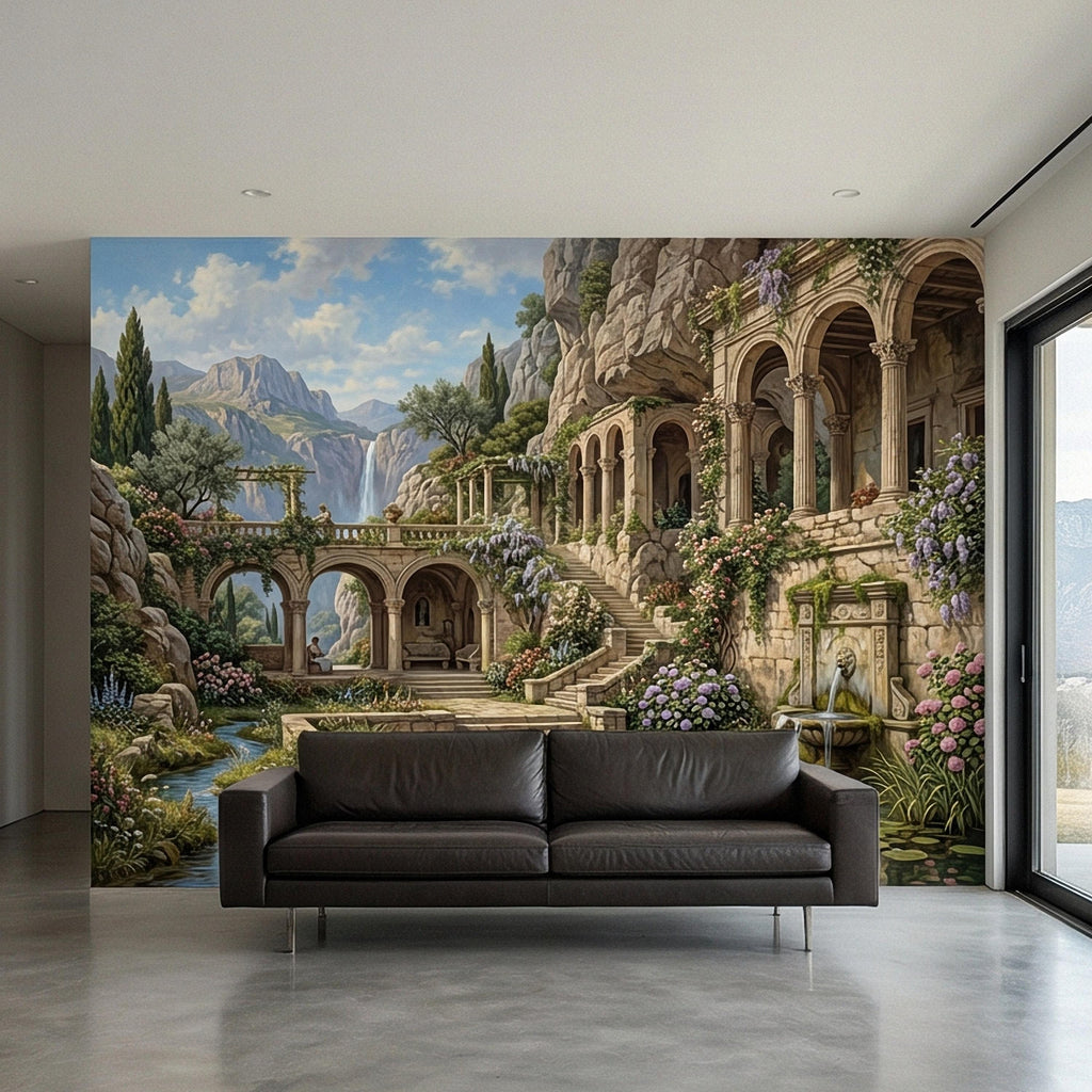 Mediterranean Villa Peel and Stick Wall Mural, Romantic Italian Garden Landscape, Waterfall Courtyard Floral Nature Wallpaper