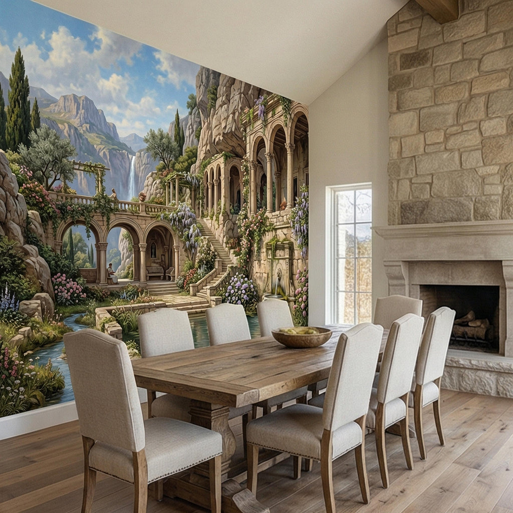Mediterranean Villa Peel and Stick Wall Mural, Romantic Italian Garden Landscape, Waterfall Courtyard Floral Nature Wallpaper