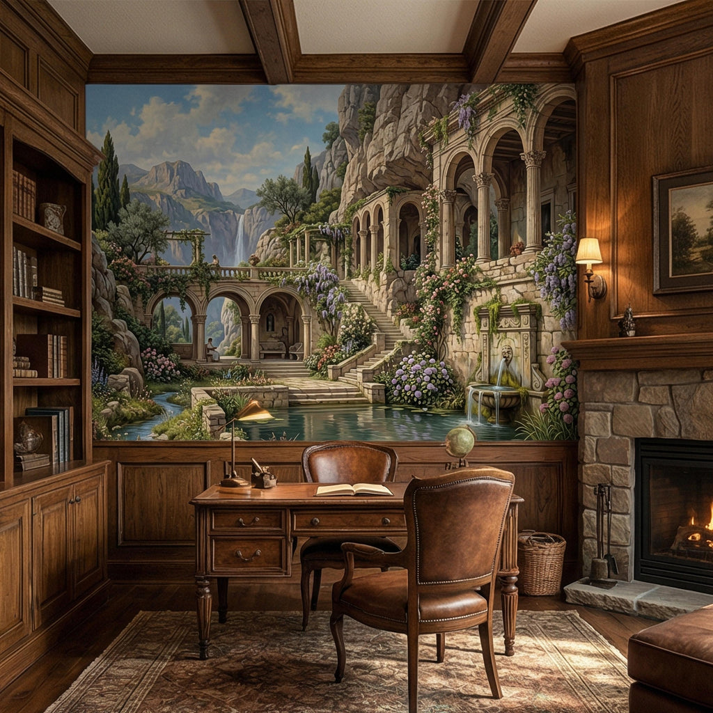 Mediterranean Villa Peel and Stick Wall Mural, Romantic Italian Garden Landscape, Waterfall Courtyard Floral Nature Wallpaper