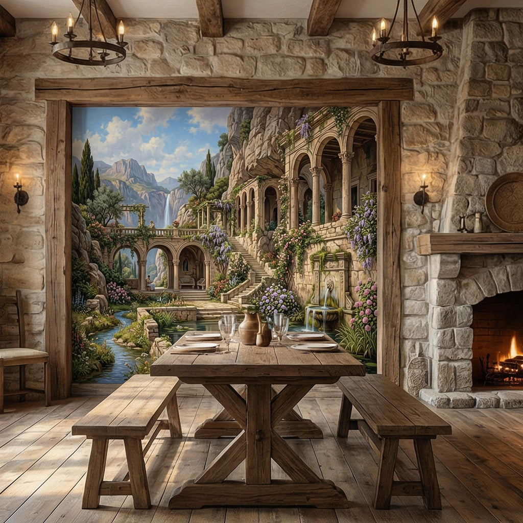 Mediterranean Villa Peel and Stick Wall Mural, Romantic Italian Garden Landscape, Waterfall Courtyard Floral Nature Wallpaper