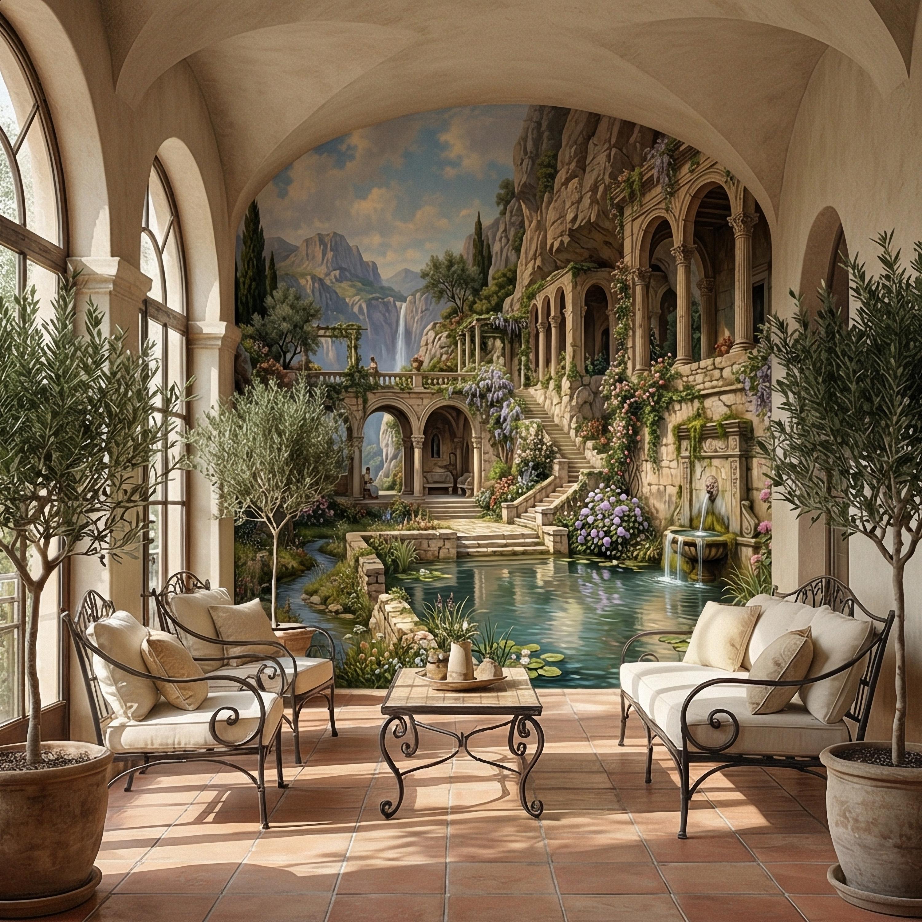 Mediterranean Villa Peel and Stick Wall Mural, Romantic Italian Garden Landscape, Waterfall Courtyard Floral Nature Wallpaper