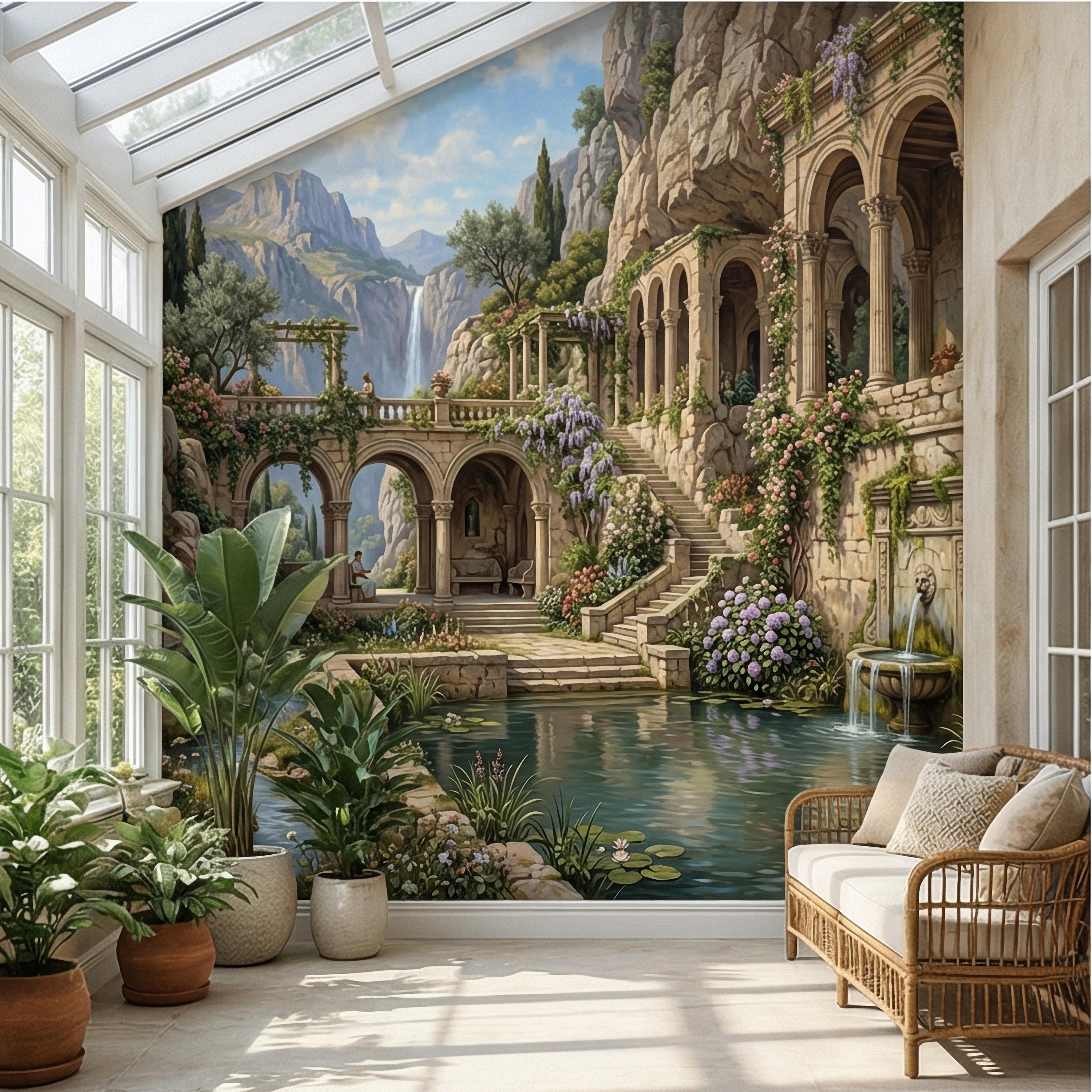 Mediterranean Villa Peel and Stick Wall Mural, Romantic Italian Garden Landscape, Waterfall Courtyard Floral Nature Wallpaper