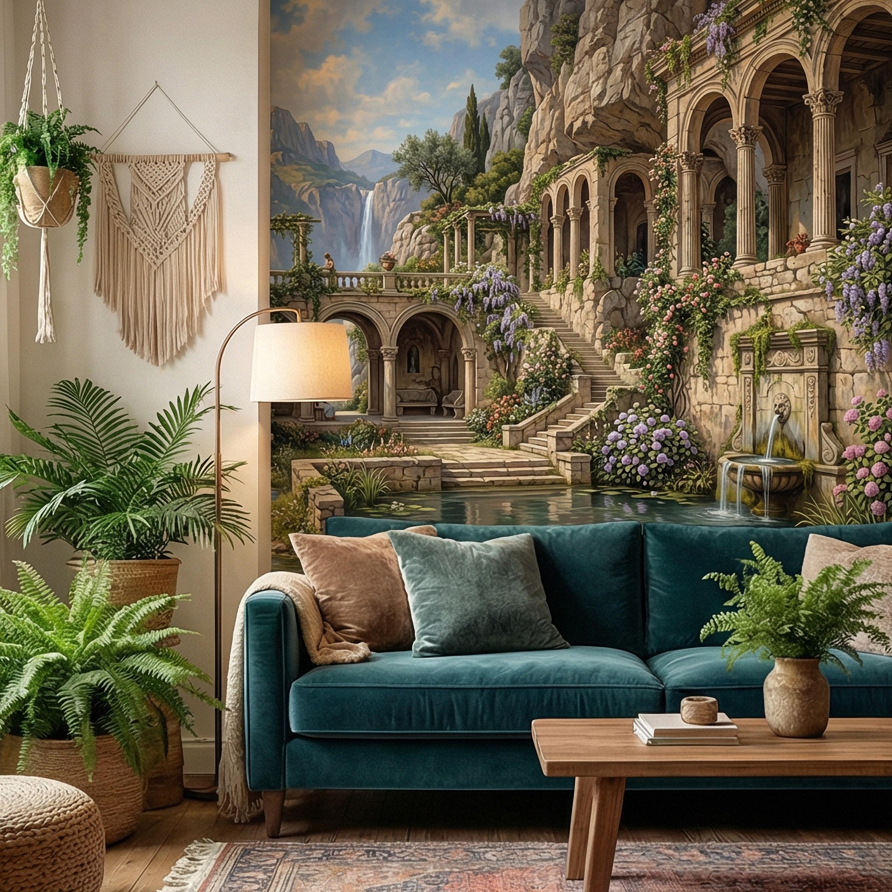Mediterranean Villa Peel and Stick Wall Mural, Romantic Italian Garden Landscape, Waterfall Courtyard Floral Nature Wallpaper