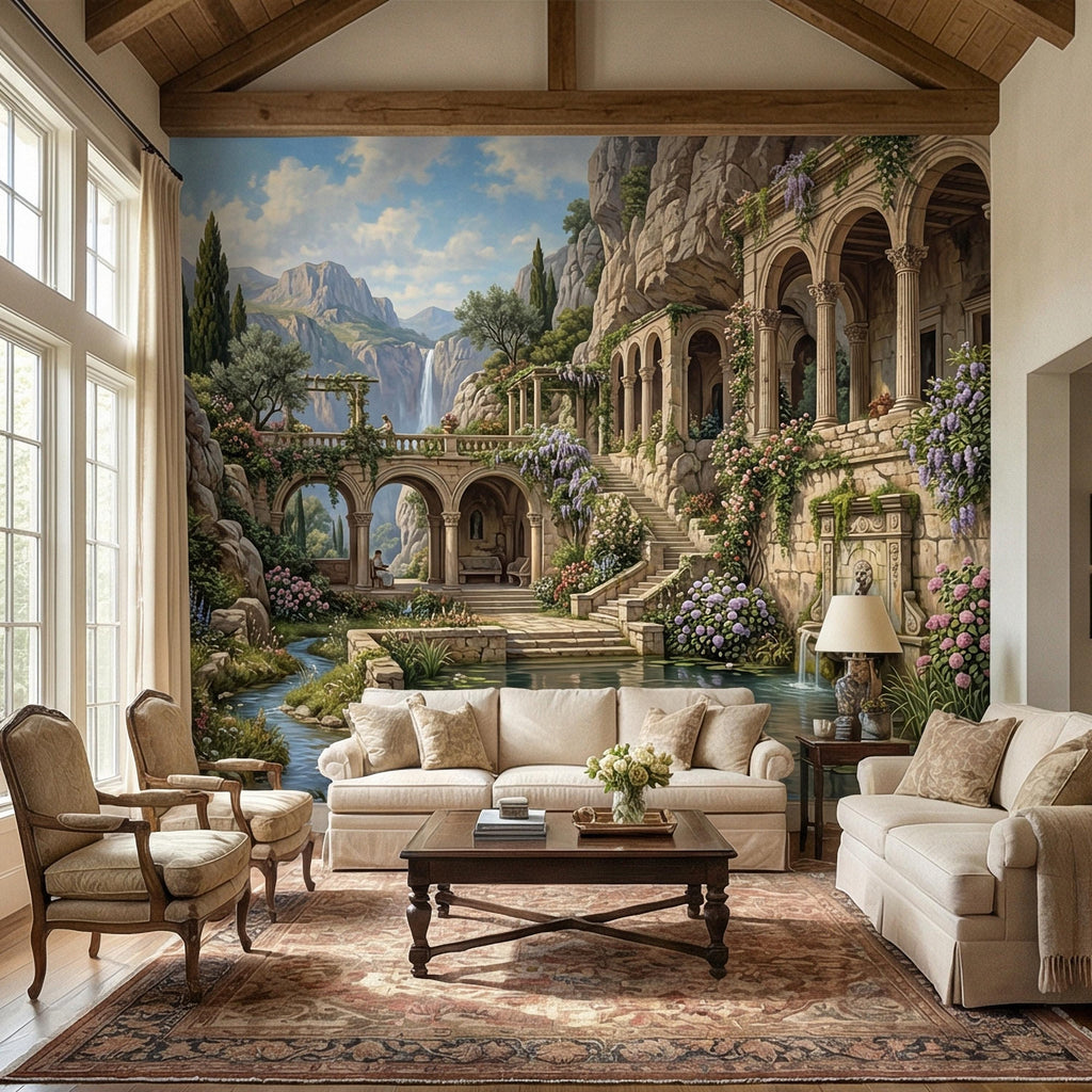 Mediterranean Villa Peel and Stick Wall Mural, Romantic Italian Garden Landscape, Waterfall Courtyard Floral Nature Wallpaper