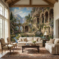Mediterranean Villa Peel and Stick Wall Mural, Romantic Italian Garden Landscape, Waterfall Courtyard Floral Nature Wallpaper