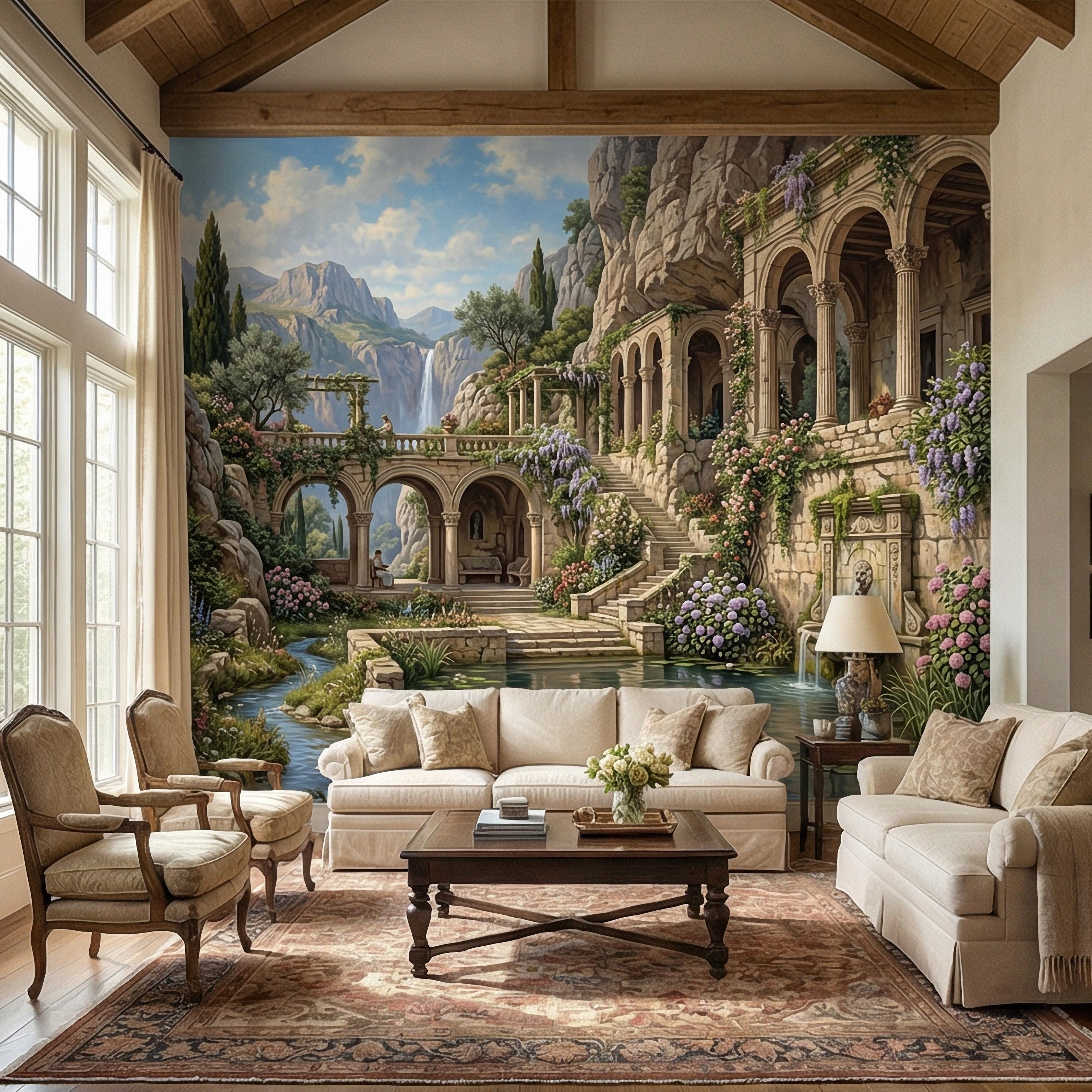 Mediterranean Villa Peel and Stick Wall Mural, Romantic Italian Garden Landscape, Waterfall Courtyard Floral Nature Wallpaper