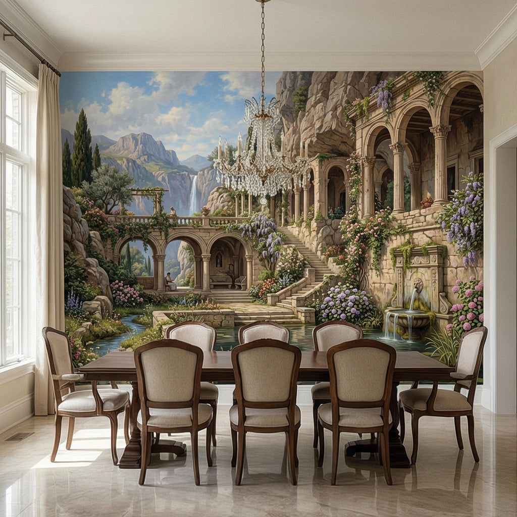 Mediterranean Villa Peel and Stick Wall Mural, Romantic Italian Garden Landscape, Waterfall Courtyard Floral Nature Wallpaper