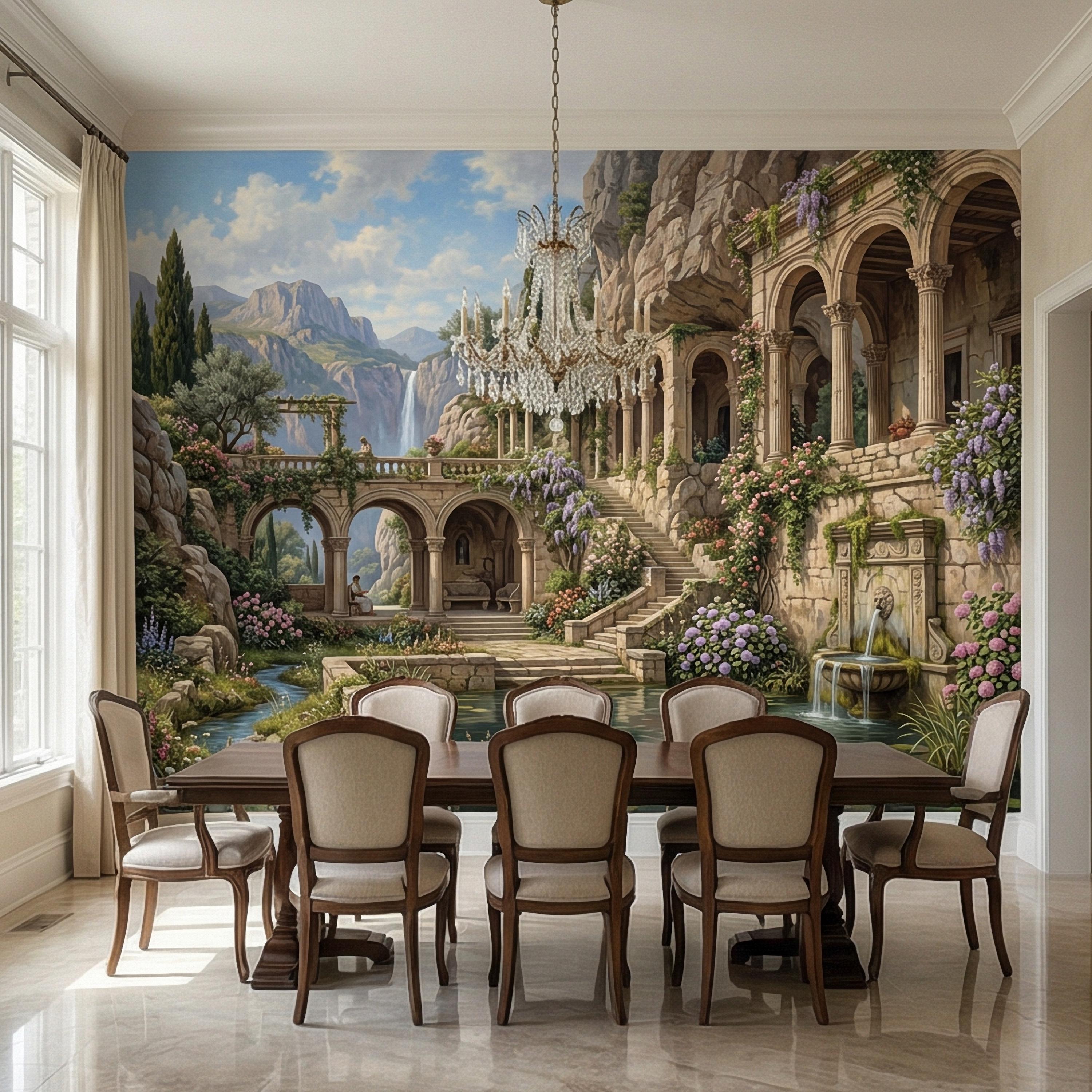 Mediterranean Villa Peel and Stick Wall Mural, Romantic Italian Garden Landscape, Waterfall Courtyard Floral Nature Wallpaper