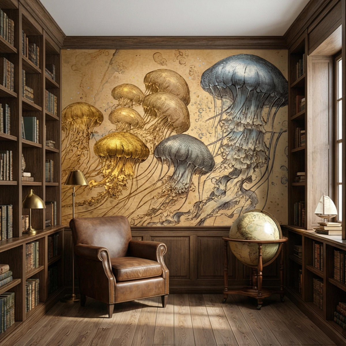 Vintage jellyfish wall mural showing gold and blue jellyfish artwork in hallway room