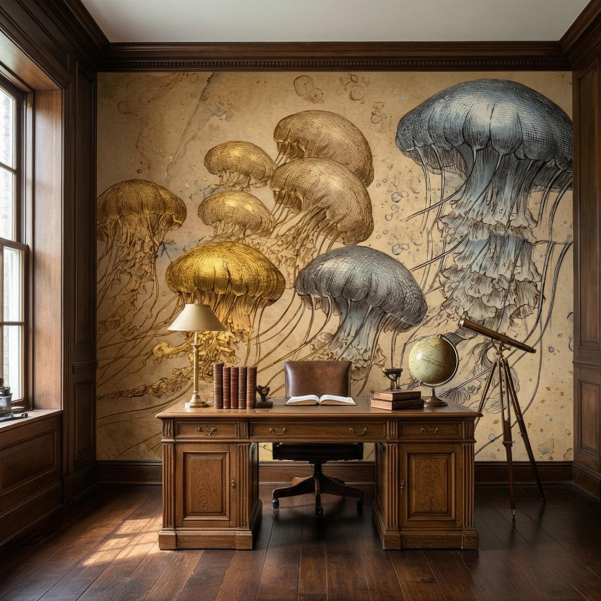 Vintage jellyfish wall mural with blue and gold jellyfish illustration behind desk