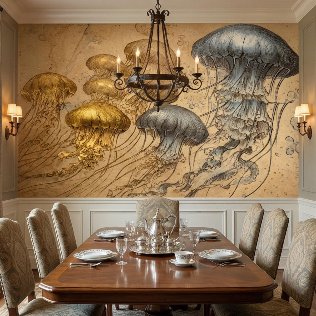 Vintage jellyfish wall mural with detailed gold and blue jellyfish engraving above table