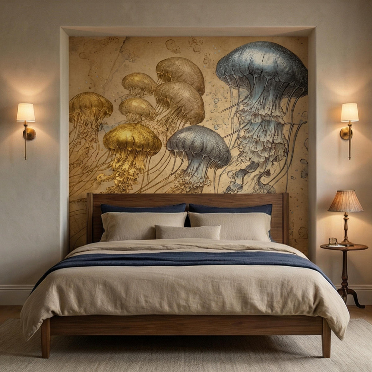 Vintage jellyfish wall mural featuring gold and blue jellyfish artwork above bed